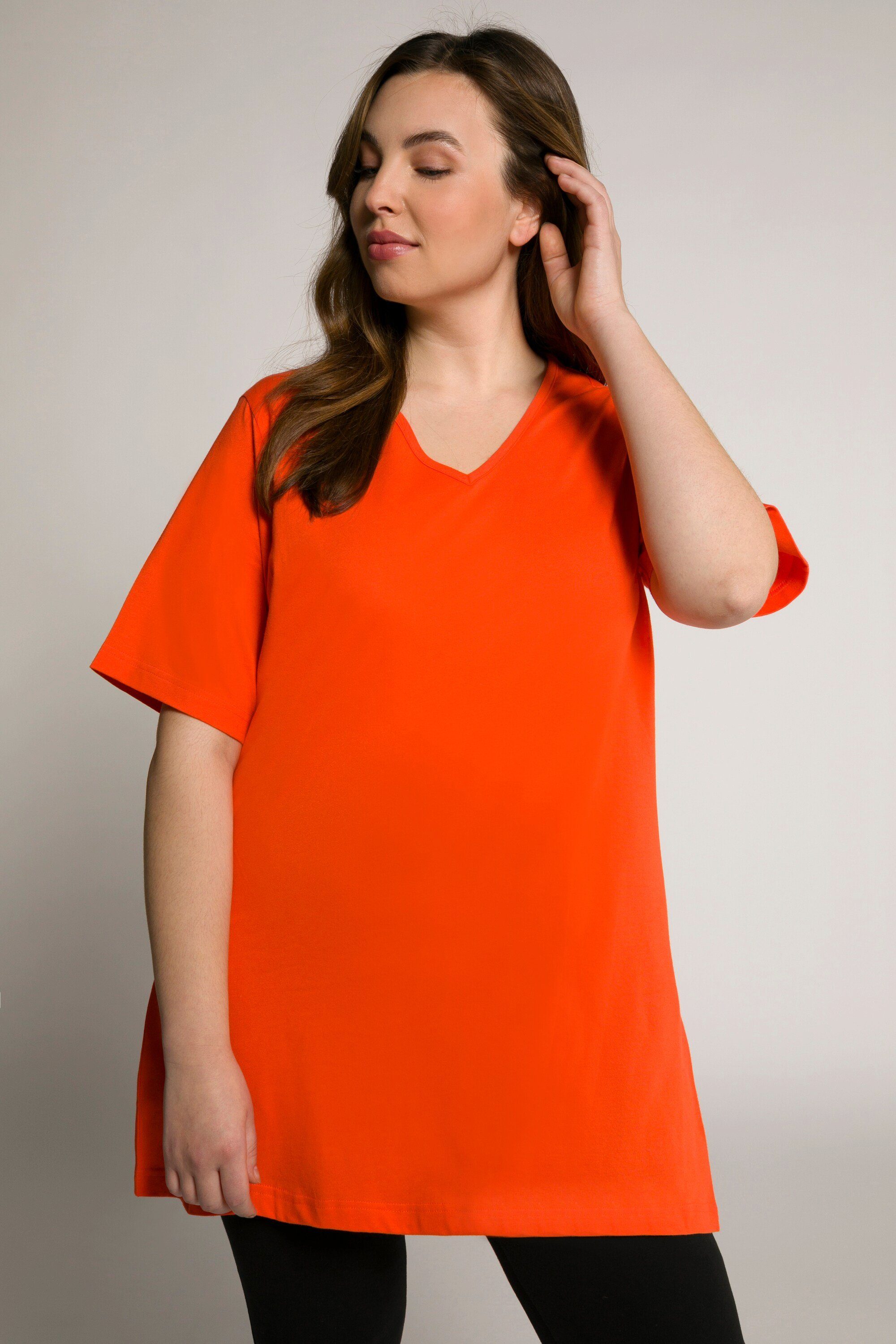 Ulla Popken Longshirt Longshirt A-Linie V-Ausschnitt Halbarm orangerot | V-Shirts