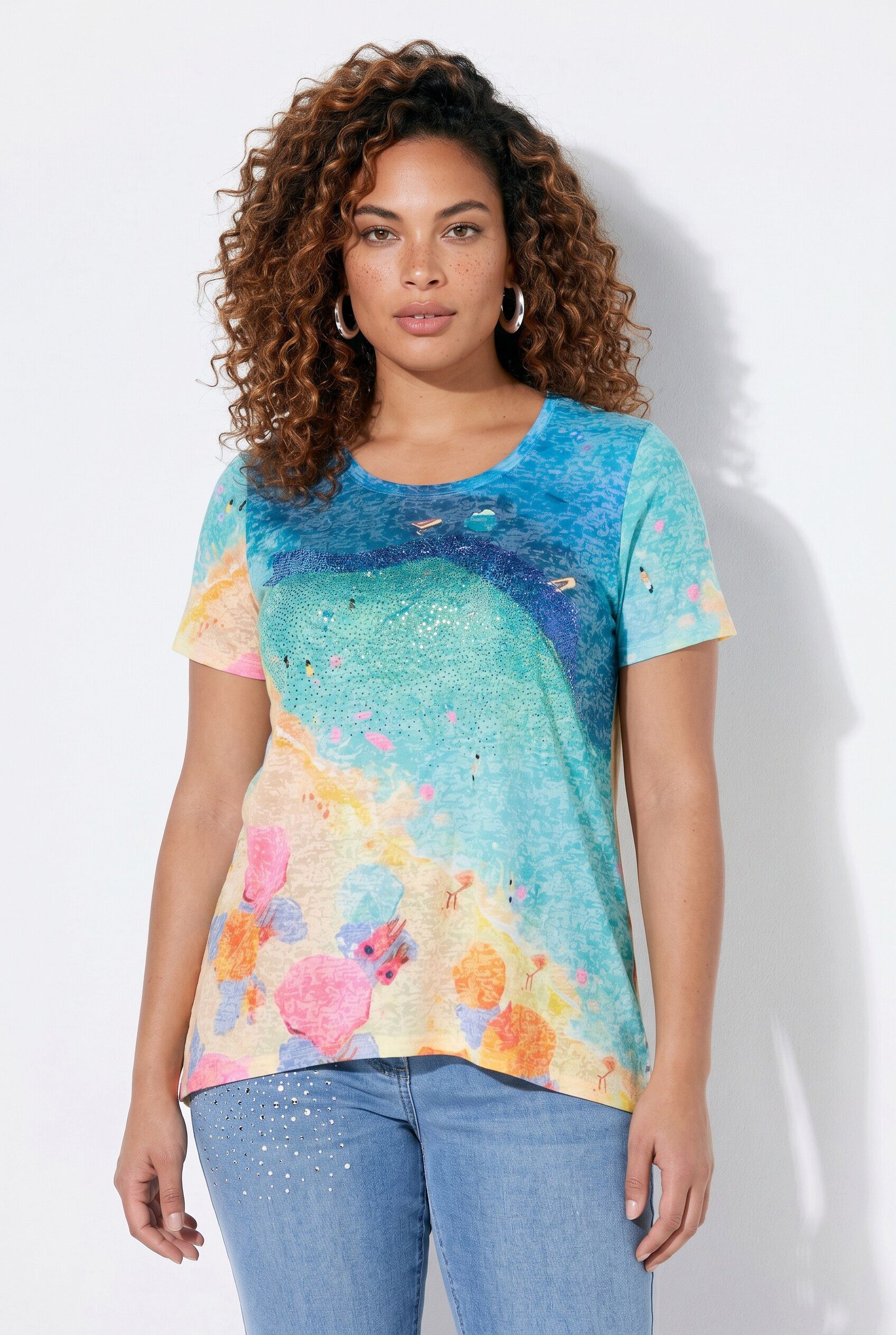 Angel of Style T-Shirt Longshirt A-Linie Glitzersteinchen Strandmotiv