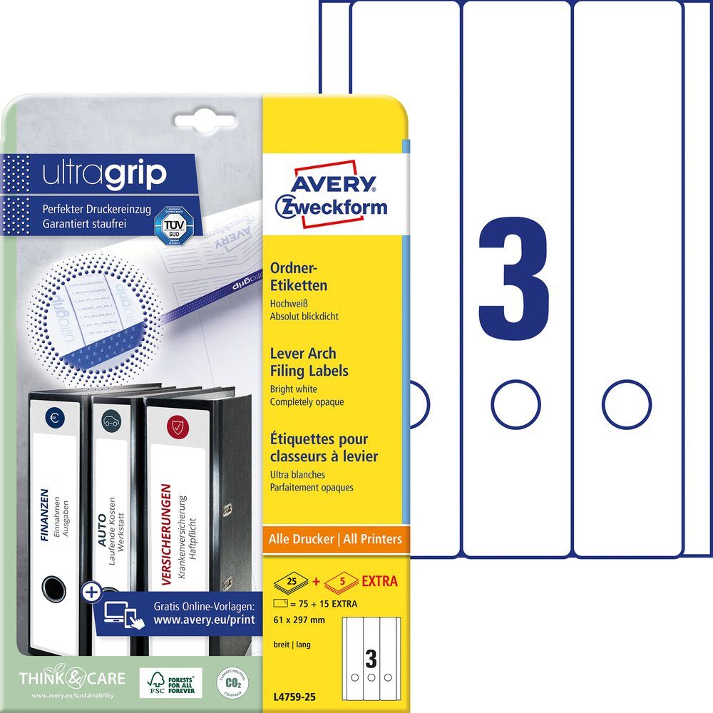Etikett Avery-Zweckform Ordner-Etiketten L4759-25 61 x 297 mm Papier Weiß Perm