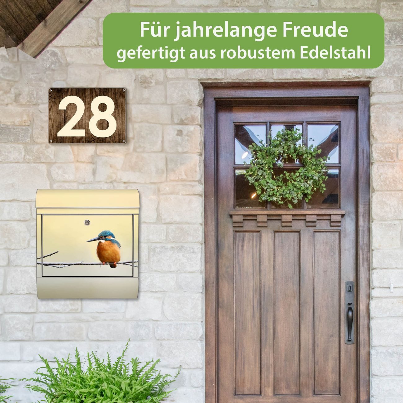banjado Wandbriefkasten Edelstahl mit Motiv Pause (Wandbriefkasten groß, mit Zeitungsfach), 38 x 42,5 x12 cm