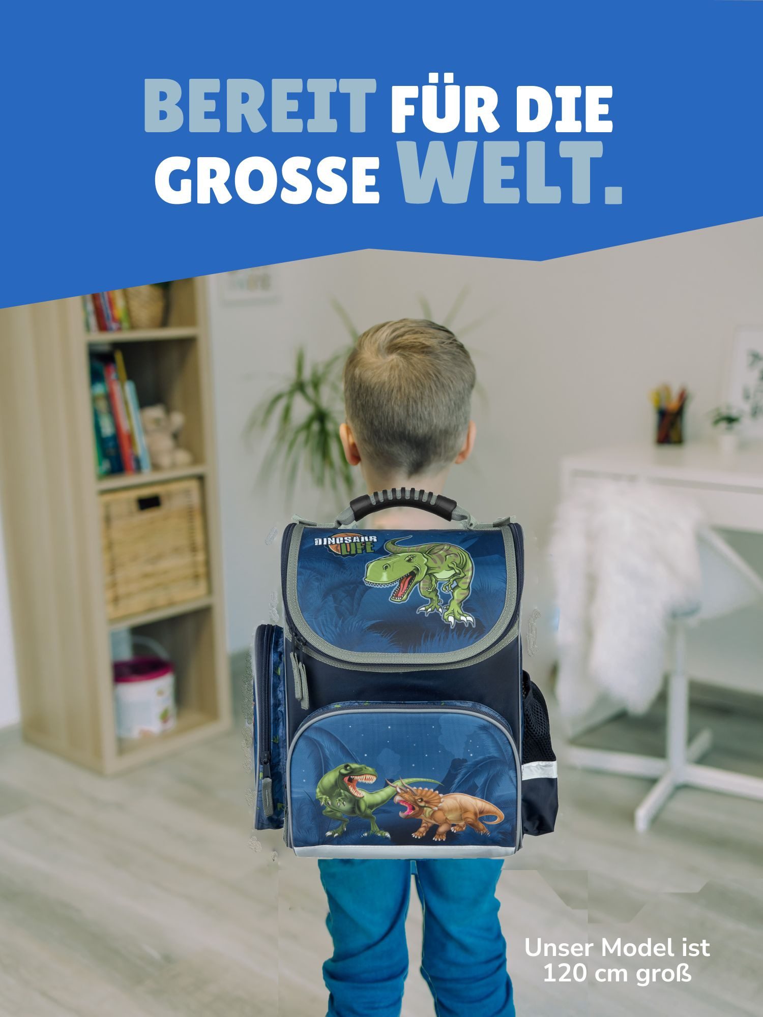 Familando Schulranzen CLOU Schultasche 1.-4. Klasse ergonomisch, leicht, Volumen 15 Liter (Grund-Set, 5-tlg., mit Federmappe, Schlamper, Turn- und Geldbeutel), Dino T-Rex Dinosaurier Motiv