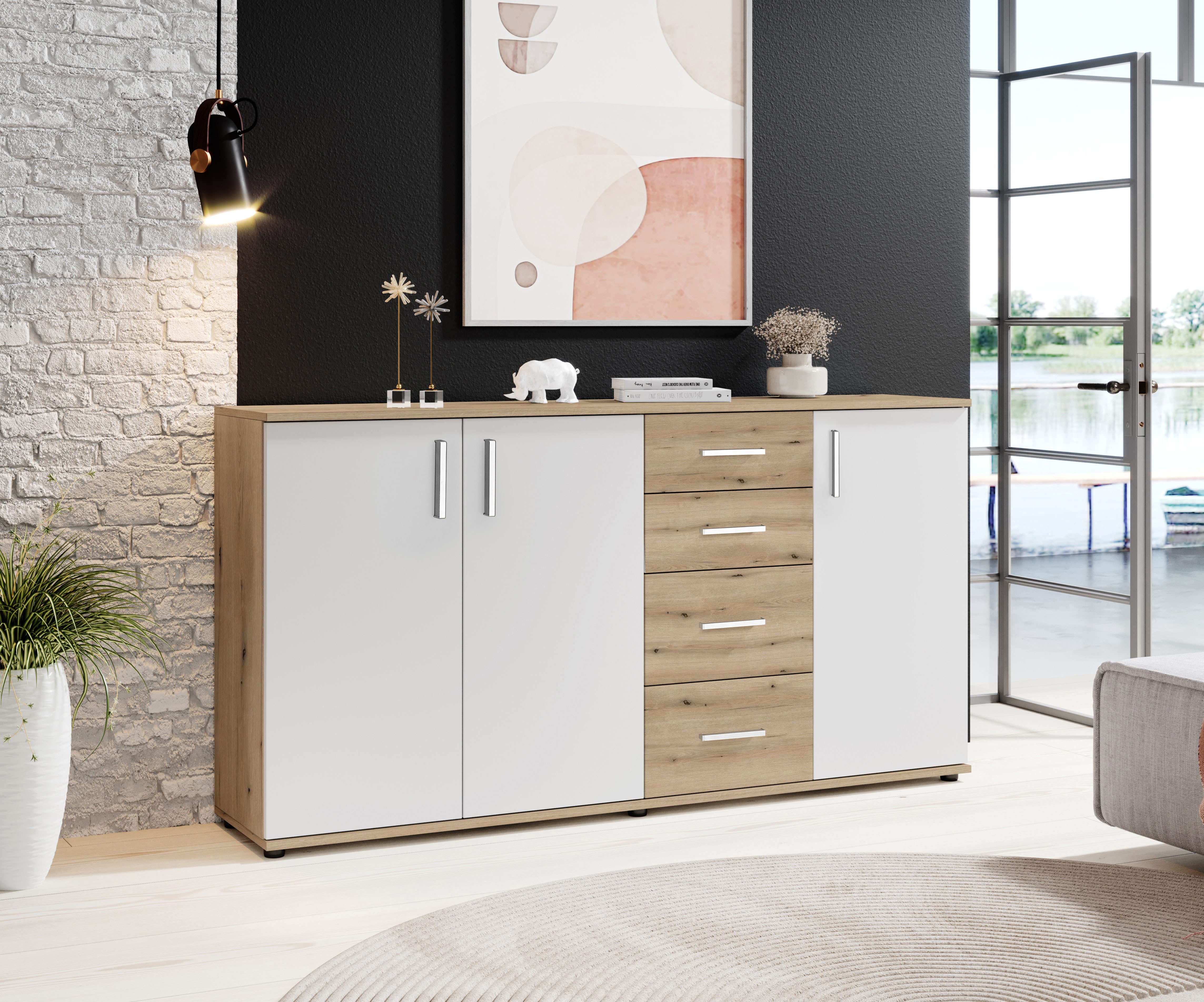 HBZ Kommode BC-Drift-2, Sideboard Stellmaß BxHxT 160x84x35 cm (1 St), Sideboard mit 3 Türen und 4 Schubkästen, 2 Einlegeböden
