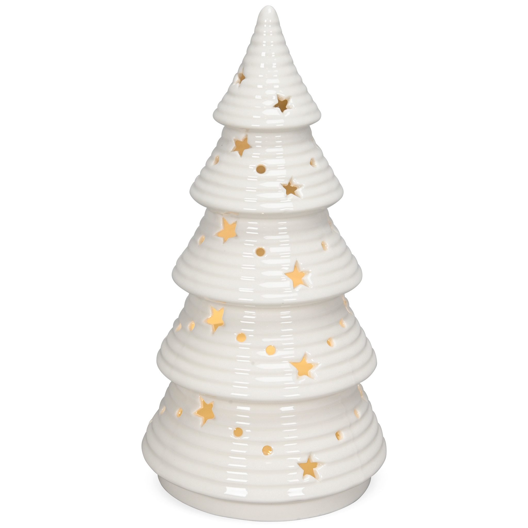 matches21 HOME & HOBBY Dekofigur LED Porzellan Weihnachtsbaum weiß, Winterdeko in 13,5 x 25,5 cm (1 St), Tannenbaum mit Sternen für Tischdeko