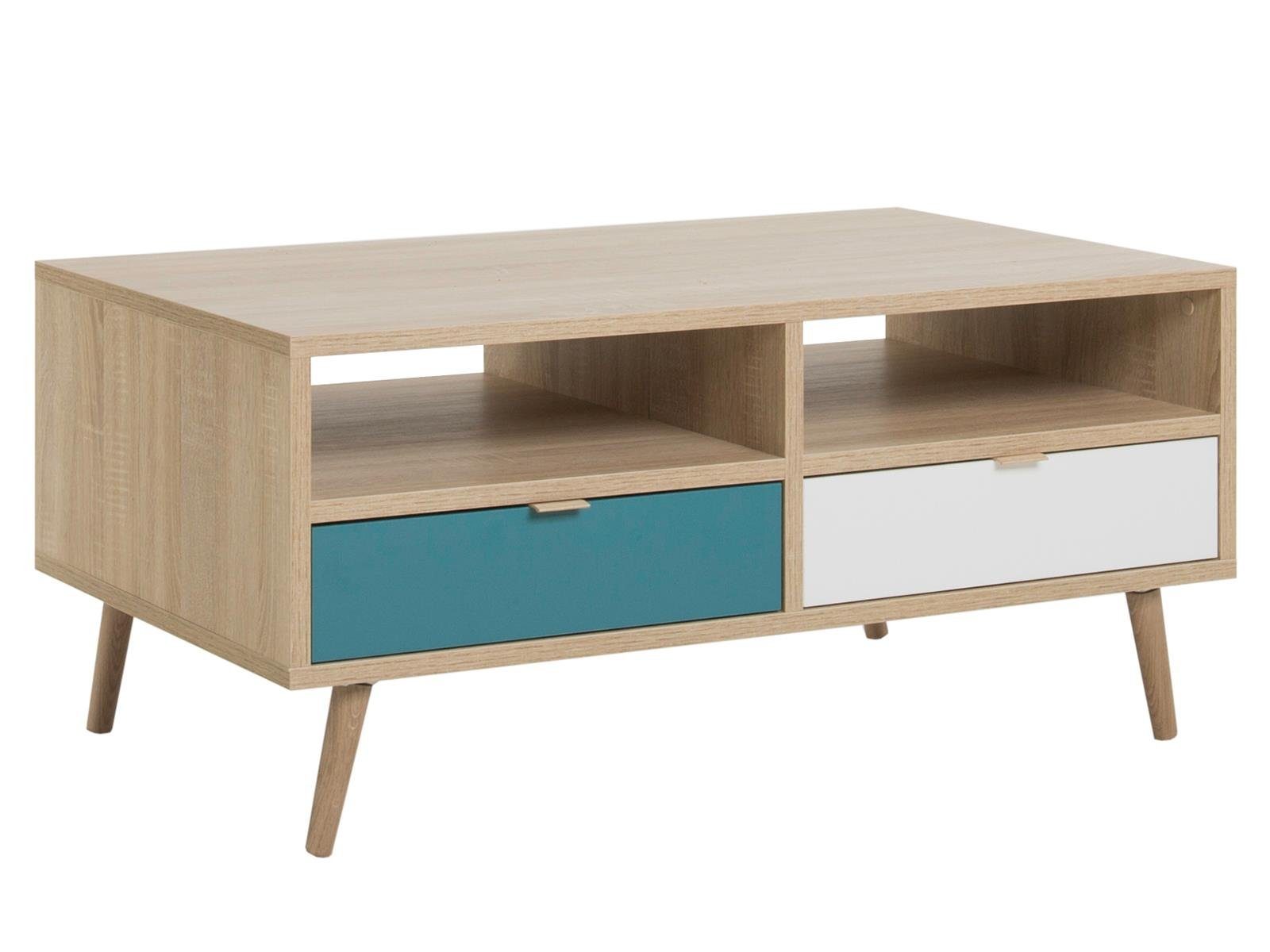 möbelando Couchtisch Visby, Moderner Couchtisch aus melaminharzbeschichteter Spanplatte, Füße aus Vollholz, Korpus in Sonoma-Eiche Nachbildung, Front Weiß / Petrol mit 2 Schubkästen und 2 offenen Fächern. Breite 100 cm, Höhe 46 cm, Tiefe 60 cm. € 209,95