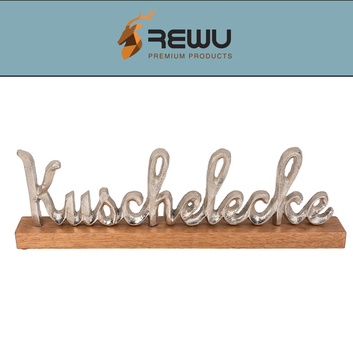 Dekoobjekt Silberfarbener ReWu Metall Standfuss Schriftzug Kuschelecke Holz auf