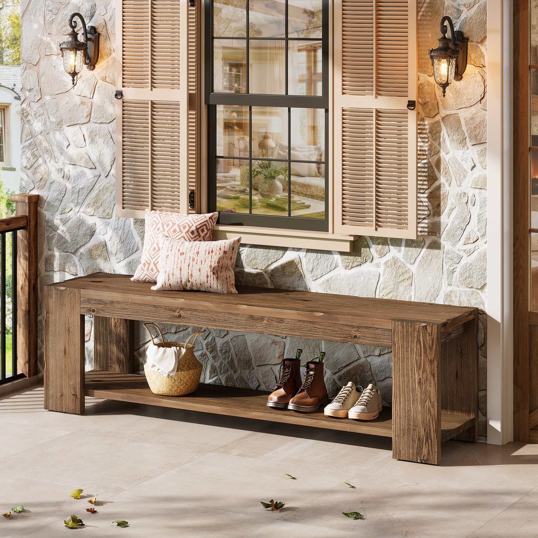 Tribesigns Schuhbank 140 cm Massive Holz-Eingangsbank mit Ablagefach, 2-stufige Sitzbänke (für Eingangsbereich, Flur, Esszimmer, Wohnzimmer, Garderobe, Schlafzi – Bild 3 von 5