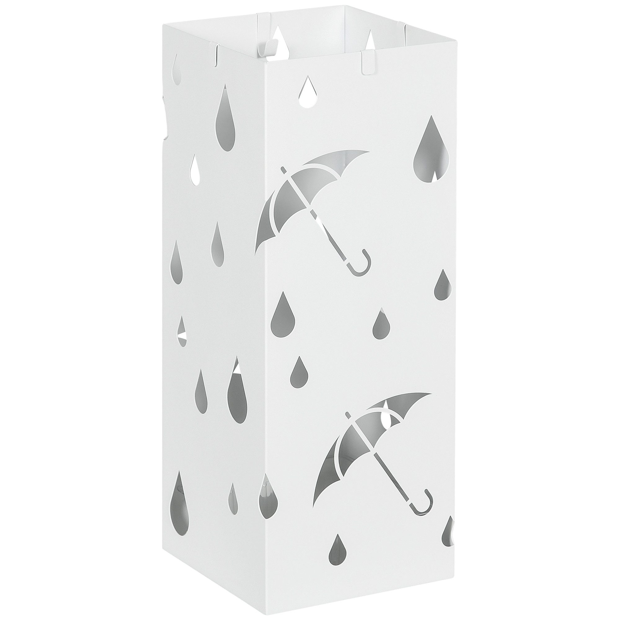 HOMCOM Schirmständer Regenschirmständer mit 4 Haken, Wasserauffangschale, für Flur (Regenschirmhalter für Regenschirme, Gehstöcke, 1 St., Stahl), 15,5 x 15,5 x 40 cm, Weiß