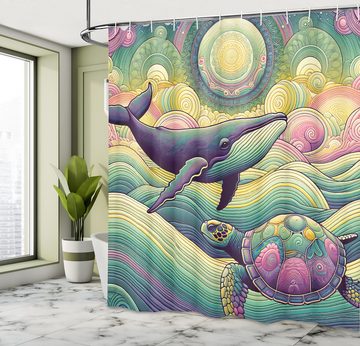 Abakuhaus Duschvorhang Moderner Digitaldruck mit 12 Haken auf Stoff Wasser Resistent Breite 175 cm, Höhe 180 cm, Nautisch Wal und Schildkröten Hippie