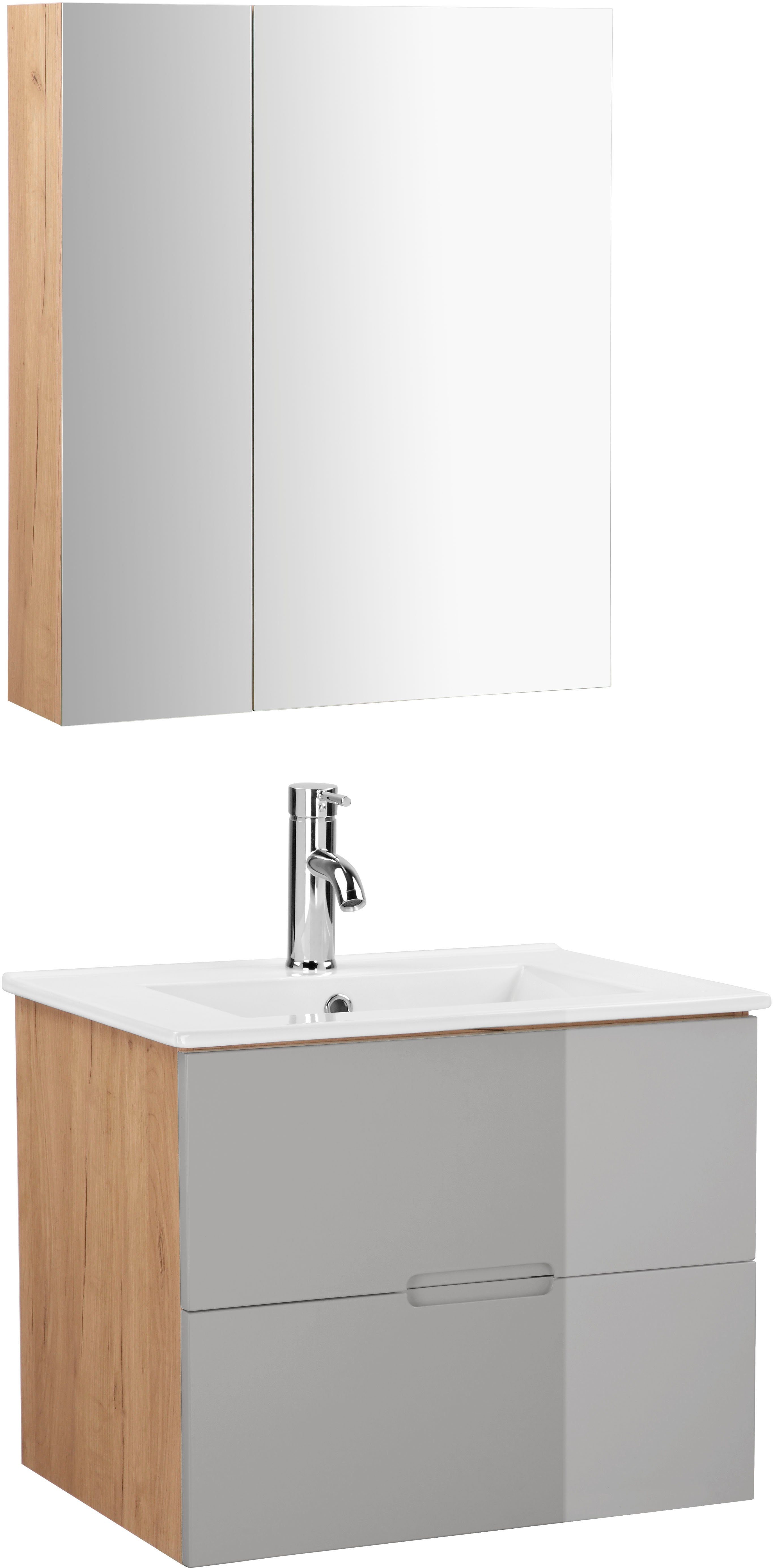 welltime Badmöbel-Set Lund Badmöbel Set Badschrank Badezimmerset, (Komplett-Set), Spiegelschrank, Waschtisch und Waschbecken Breite 60cm