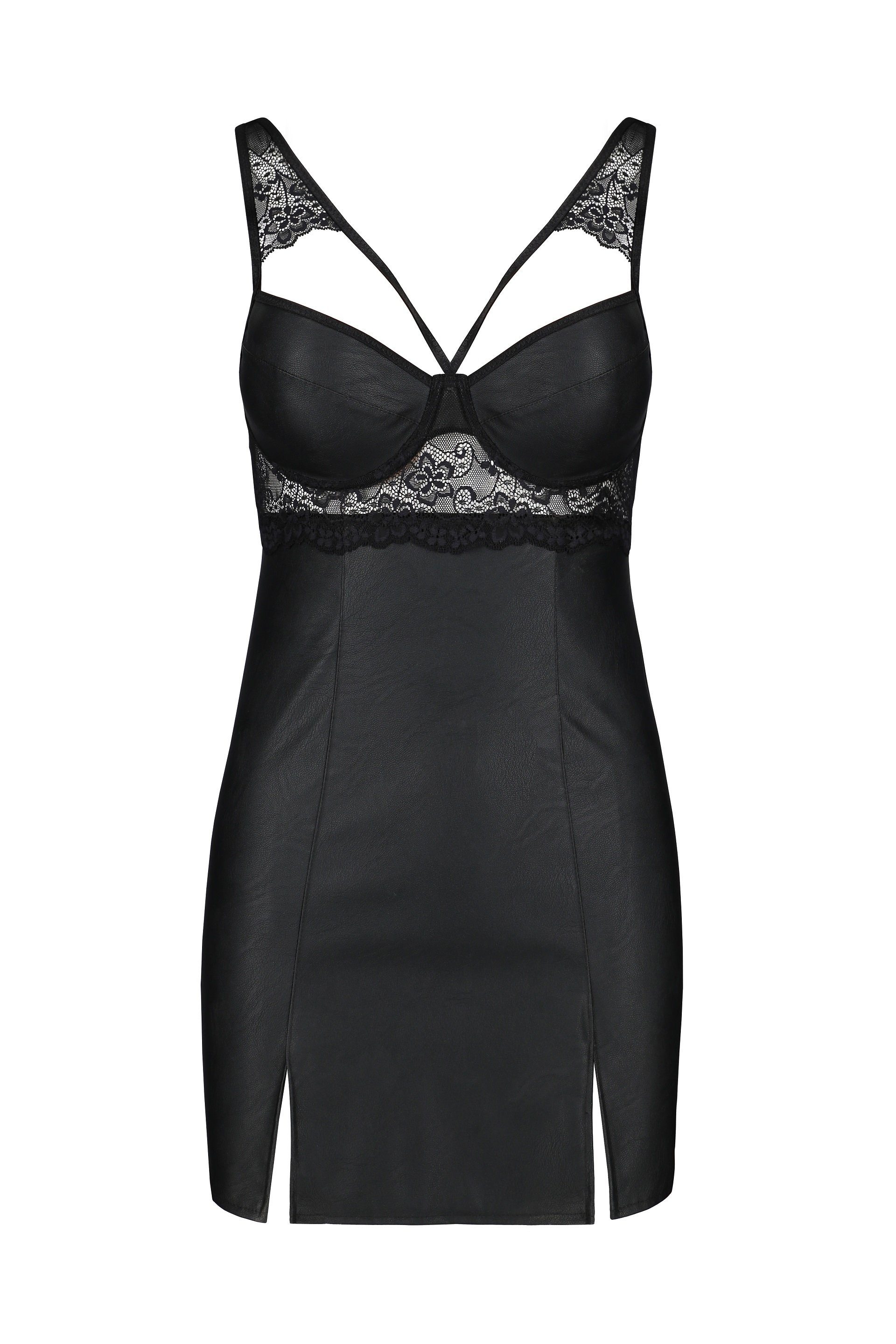 Passion Spitzenkleid Minikleid Loona schwarz Wetlook mit String Latexlook mit Spitze S M L (2-tlg)