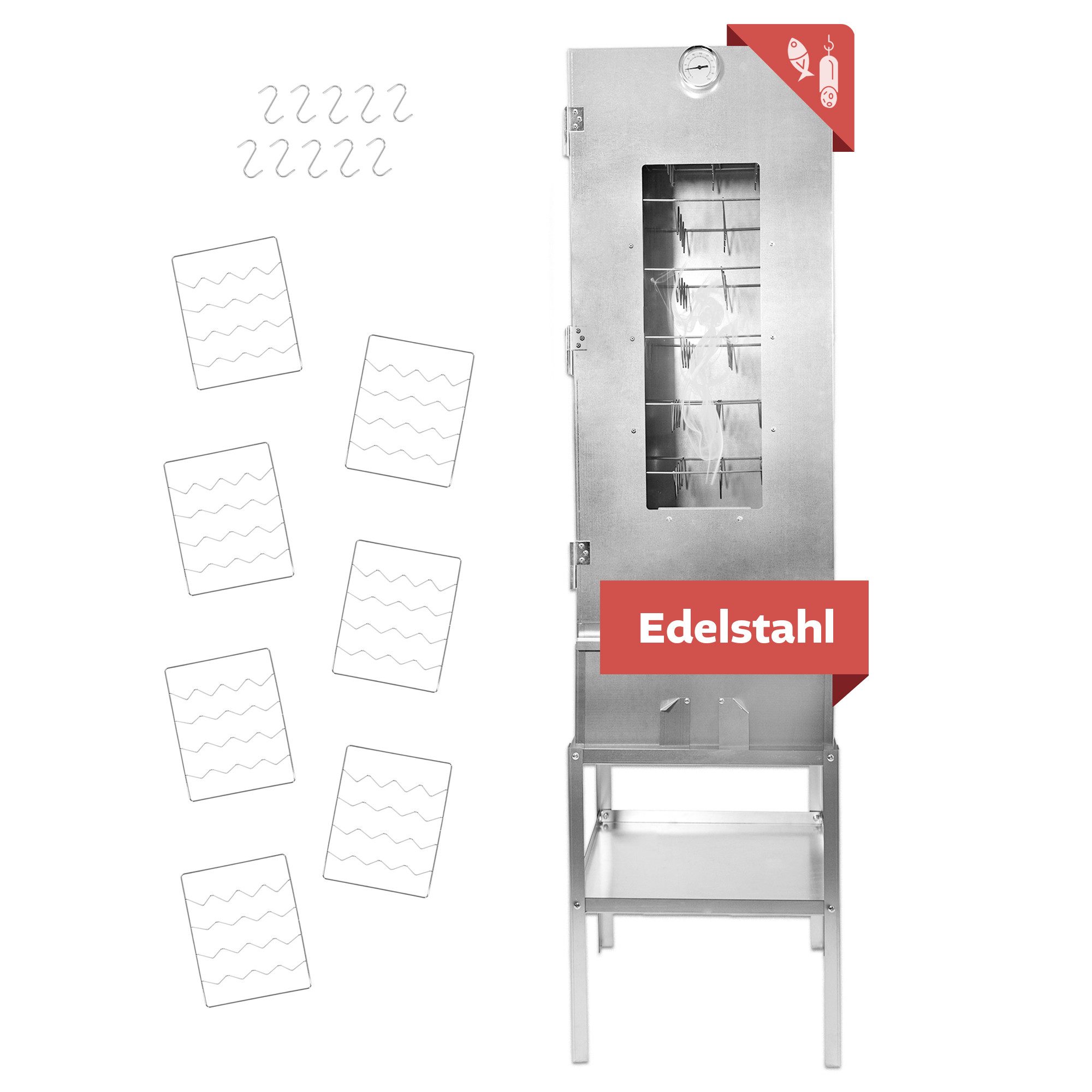 Lemodo Räucherofen XL 110 cm hoch Edelstahl mit Zubehör, Räucherschrank, 110 cm hoch, mit umfangreichen Zubehör und 7 Etagen