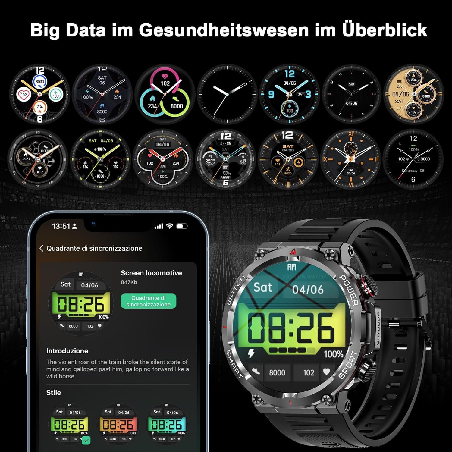 IOWODO Herren's und Damen's Fitness-Tracker IP68 Wasserdicht Telefonie Smartwatch (3.5 cm/1.39 Zoll, Android iOS), mit Bluetooth Anruffunktion 24/7 SpO2 + Schlafanalyse, 100 Sportmodi