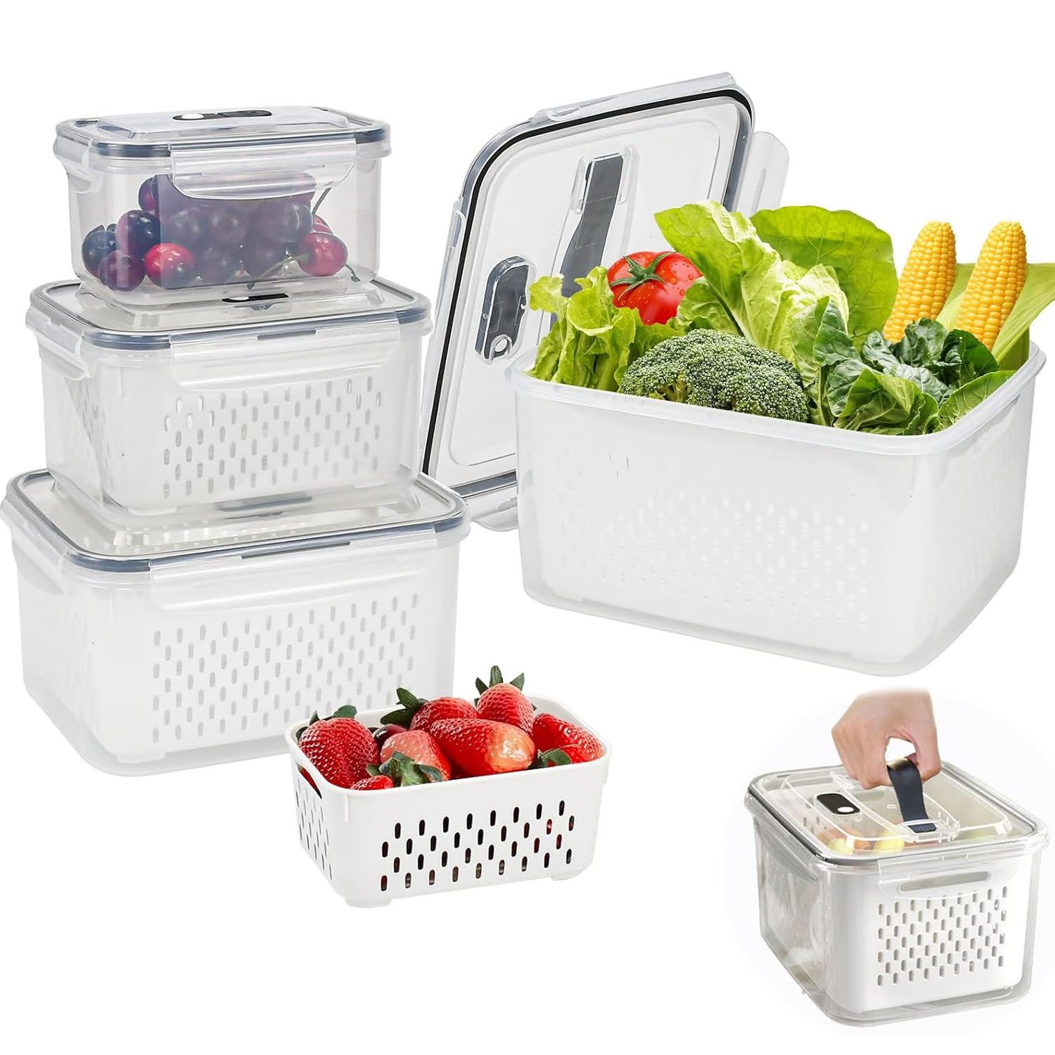 SURFOU Frischhaltedose Kühlschrank Organizer - 8-tlg. Frischhaltedosen Set mit Abtropfgitter, PP, (BPA-freie, Frischhaltedosen, Kartoffel Aufbewahrungsbox, Gemüsebox, Kühlschrank Boxen, Korbeinsatz, Vorratsdosen Set mit Abtropfgitter – abnehmbar & separat nutzbar, Deckel mit Luftablassventil & Griff, 4-tlg., Spülmaschinengeeignet, Kratzfeste Dicke PP-Material, BPA-Frei), (4,15L+3,15L+1,7L+0,8L) für Obst Gemüse Aufbewahrung und Reinigung