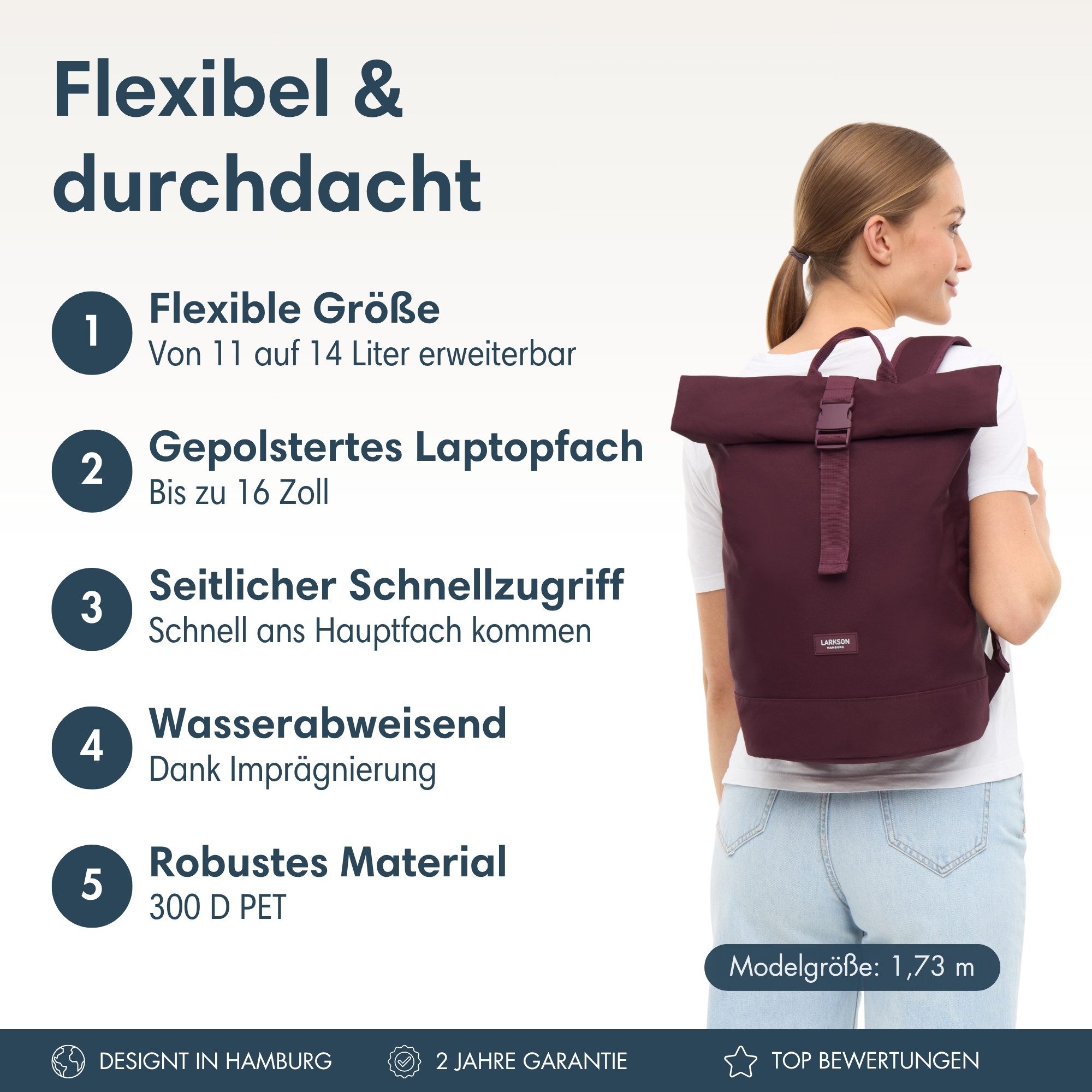 LARKSON Cityrucksack Janne Small Tagesrucksack 11-14 Liter für Damen & (1-tlg), Flexible Größe, Gepolstertes Laptopfach, Wasserabweisend