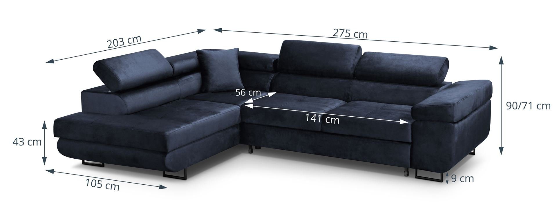 Beautysofa Ecksofa Waldo L, Kopfstützen, Schlafecke Wellenfedern, Ecke mit Marineblau 79) (monolith inklusive gepolstertes Bettkasten, verstellbaren Schlaffunktion, Wohnzimmer für mit L-förmige