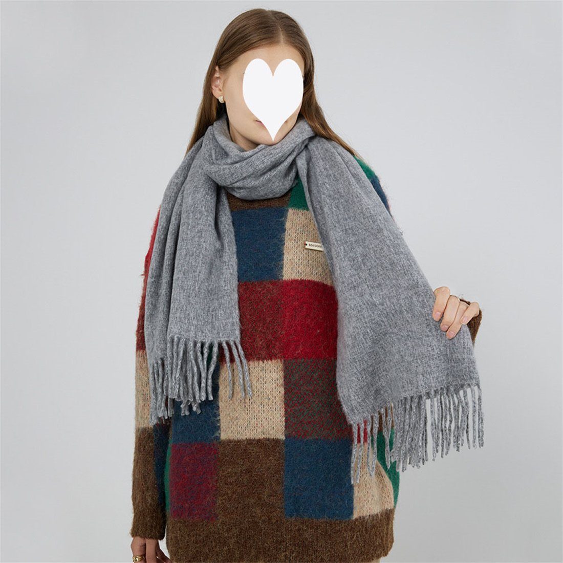 DÖRÖY Modeschal Damen Vintage solide Farbe Quaste Schal, warmen Schal, Winterschal Grau