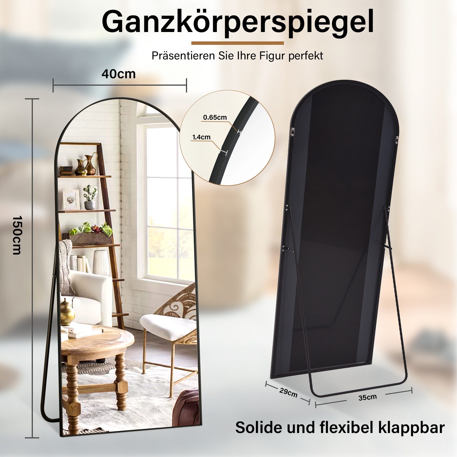 Koonmi Ganzkörperspiegel Großer Standspiegel mit Metallrahmen und verstärktem Glas – Bild 3 von 5