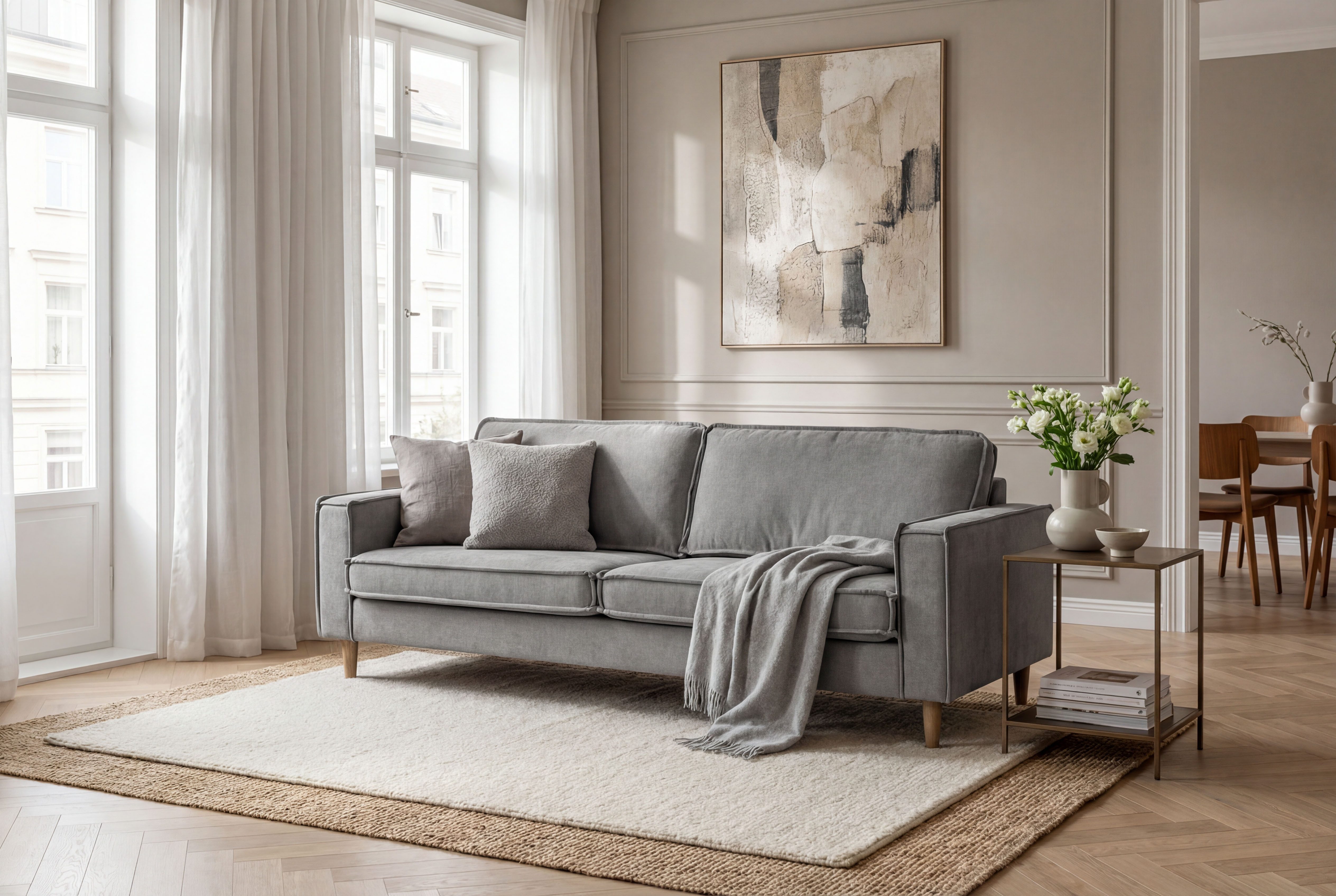 Home affaire 3-Sitzer Pinto Skandi,Maxi-Ausführung, 236 cm, Chenille, Struktur, mit Keder, Massivholzfüße Eiche geräuchert, Wellenunterfederung