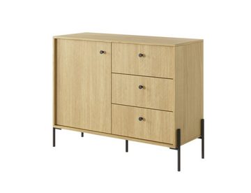 Furnix Kommode SCANDINAWA Schubladenschrank 107D3S Metallfüße Eiche/Fischgräten, hochwertig, B107 x H81,4 x T39,5 cm, made in EU