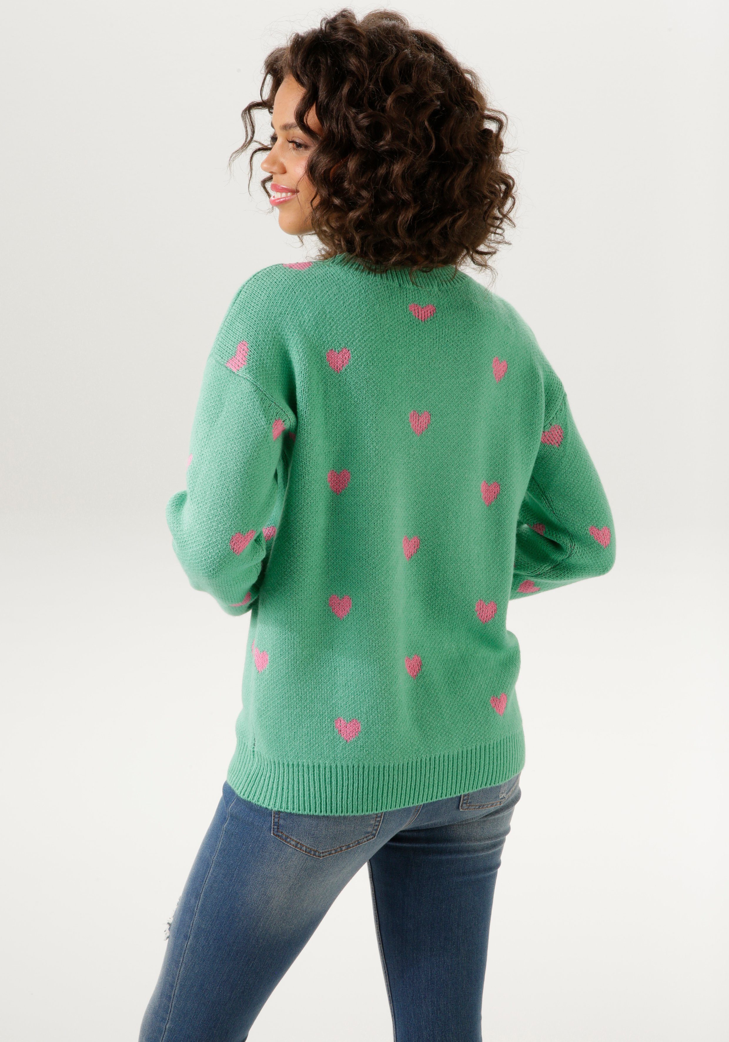 KOLLEKTION Aniston - CASUAL grün-pink NEUE mit eingestrickten Strickpullover Herzchen