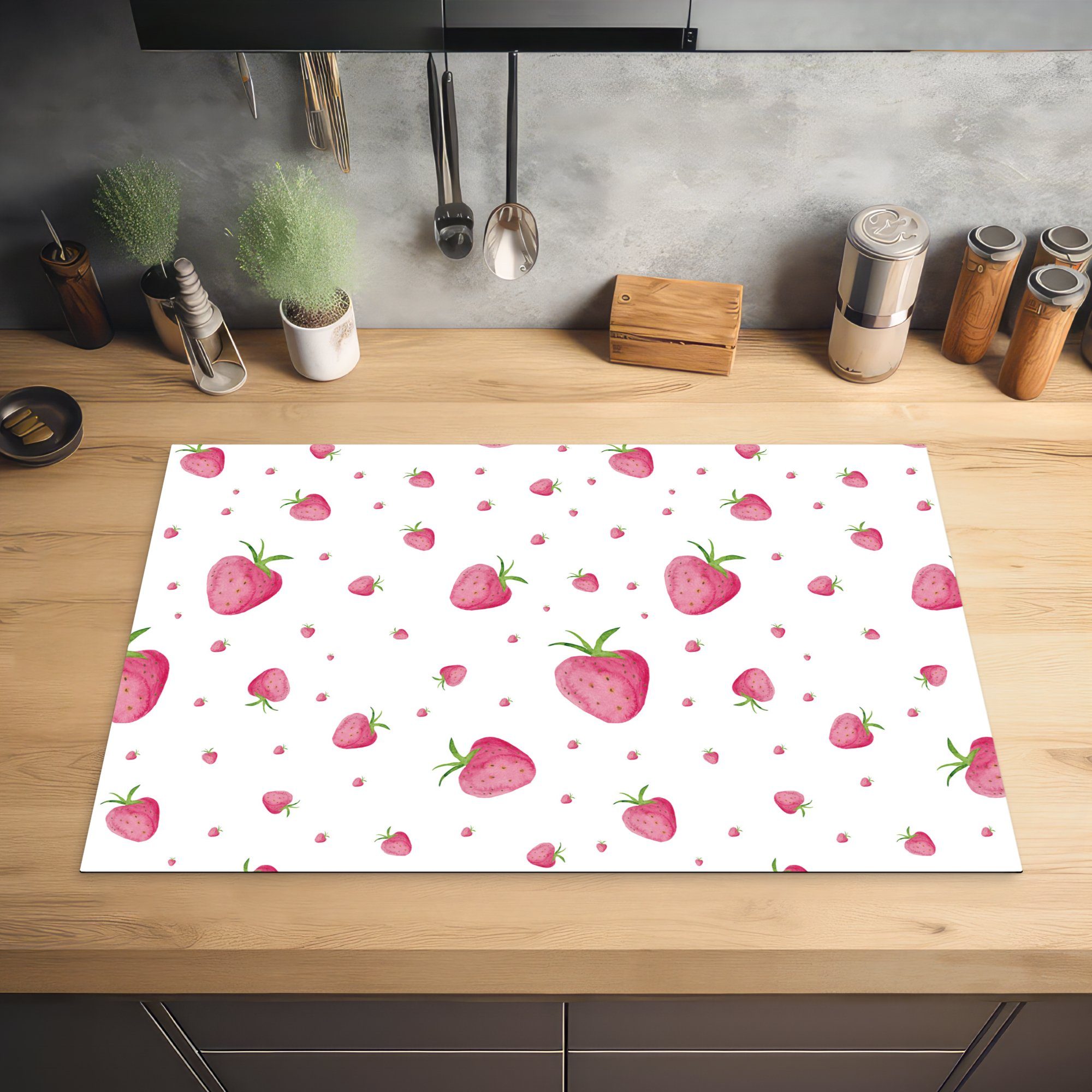 MuchoWow Herdblende-/Abdeckplatte Erdbeere - Obst Ceranfeldabdeckung für küche, - 81x52 (1 die cm, Weiß, Schutz Induktionskochfeld Vinyl, tlg)
