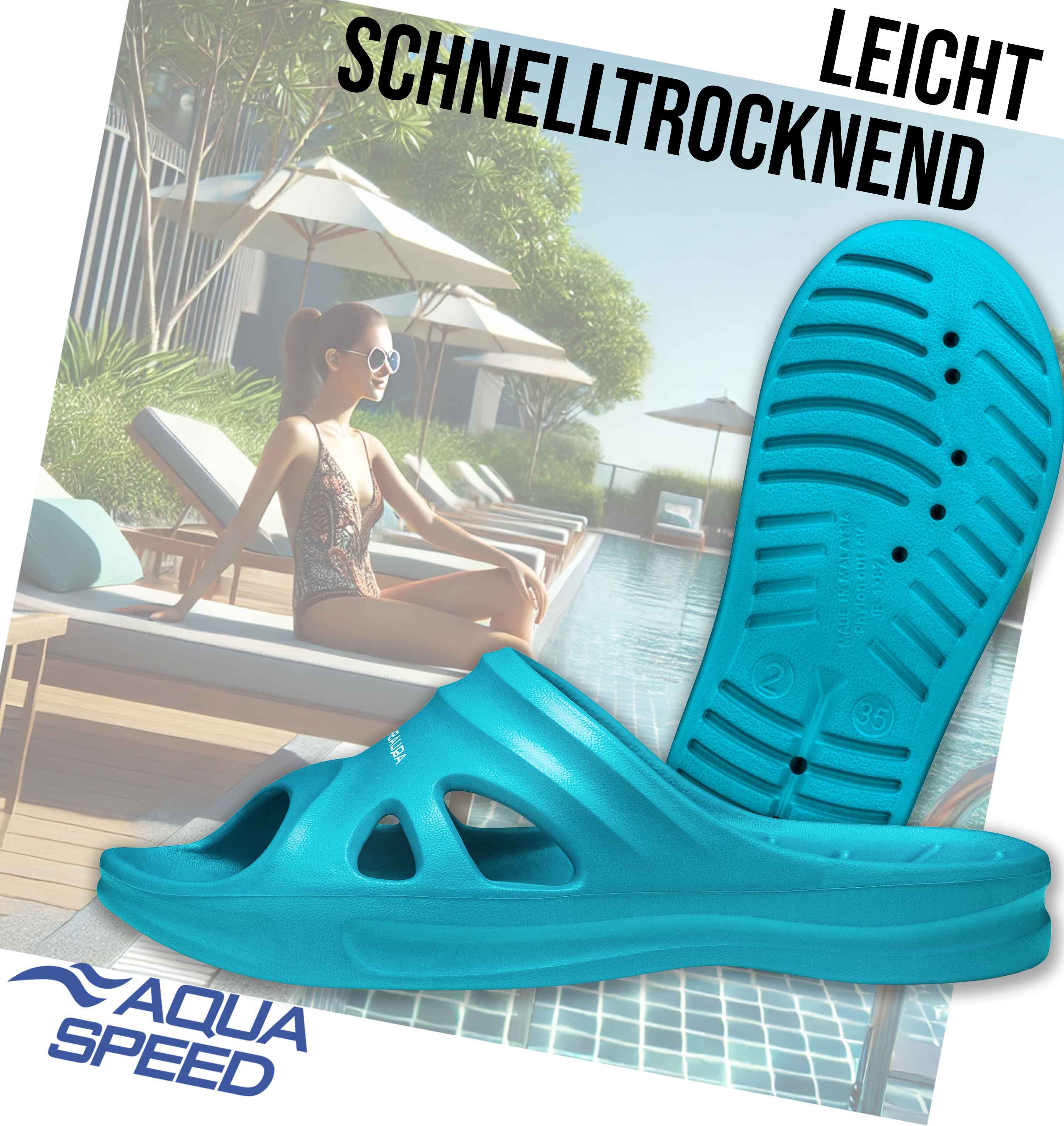 Aqua Speed Badelatschen FLORIDA + Mikrofaserhandtuch Damen Herren Kinder Badepantolette
