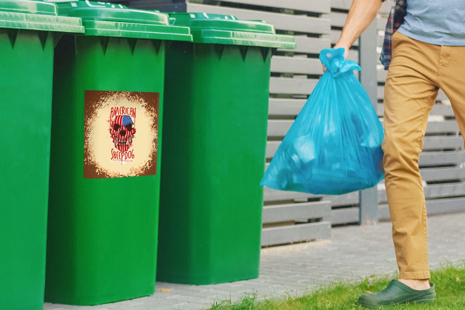 MuchoWow Wandsticker Jahrgang - Container, (1 - Mülltonne, Sticker, St), Abfalbehälter Mülleimer-aufkleber, Amerika Hund