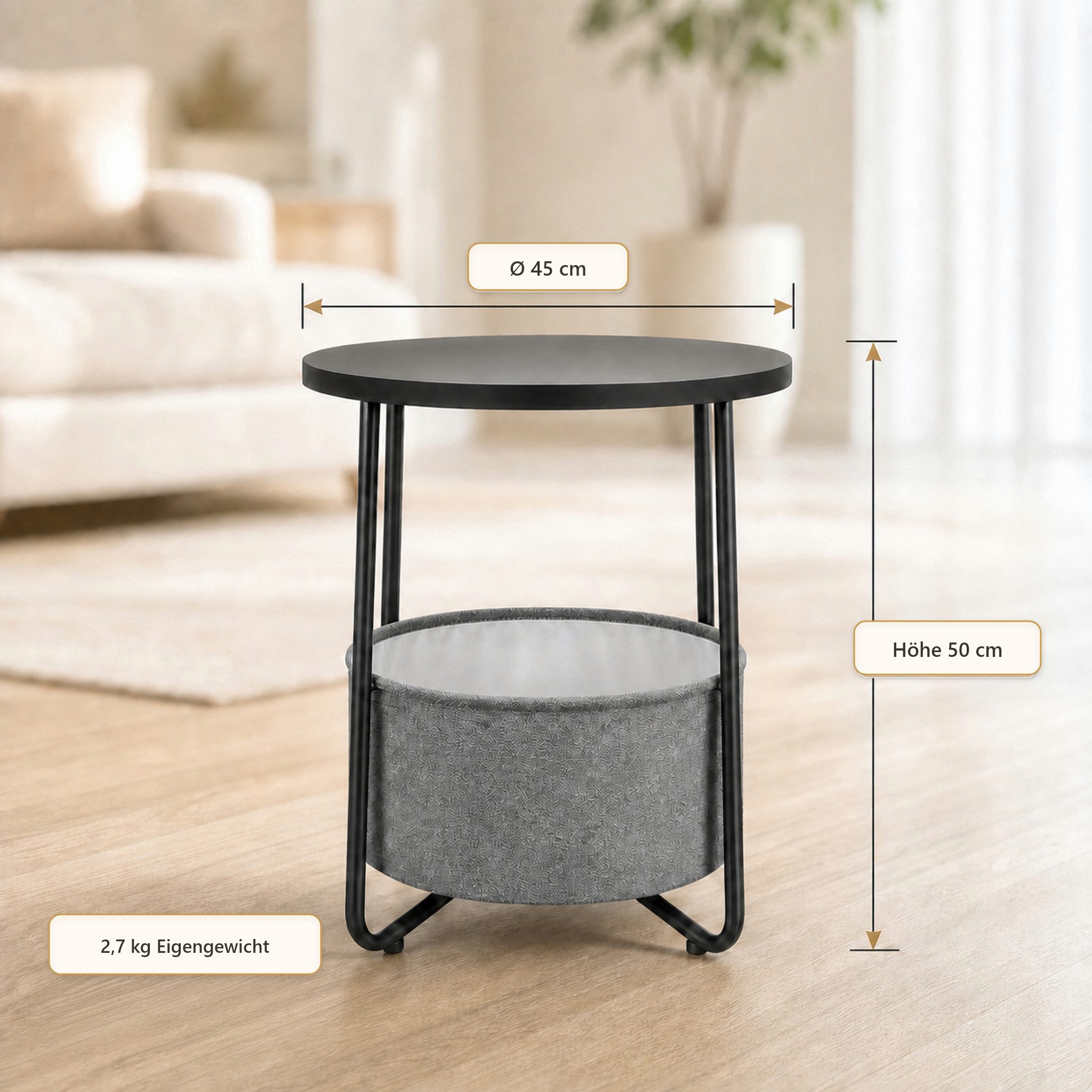 Floordirekt Beistelltisch Luca runder Sofatisch mit Stoffkorb Stauraum 45 cm 4 Farben, 2-in-1-Design – Bild 2 von 5