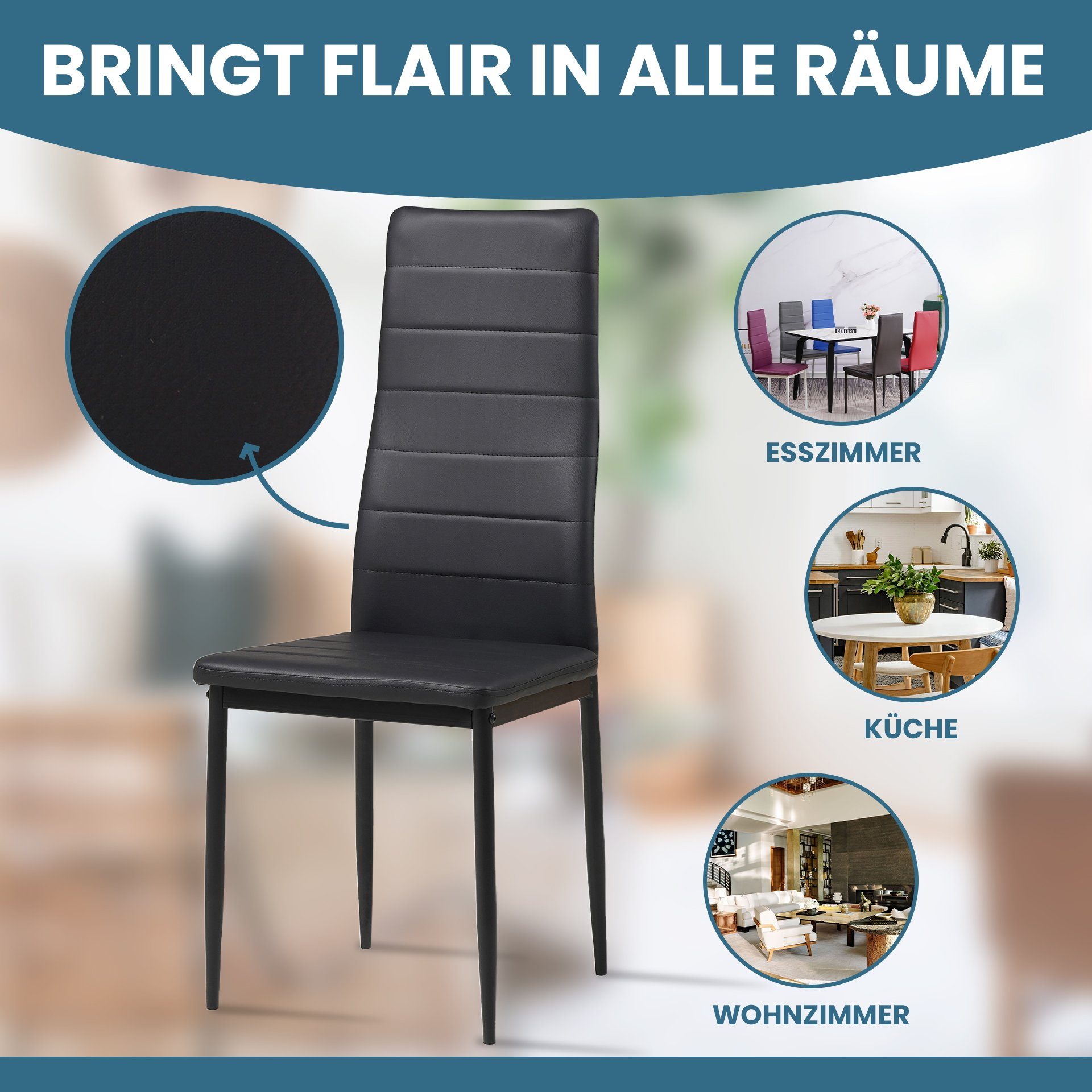 Albatros International Esszimmerstuhl Esszimmer Stühle 4 er Set MILANO, Stuhl Stühle Esszimmerstühle, Küche (4er Set, Schwarz, Kunstleder Bezug), Küchenstuhl Kü – Bild 4 von 5