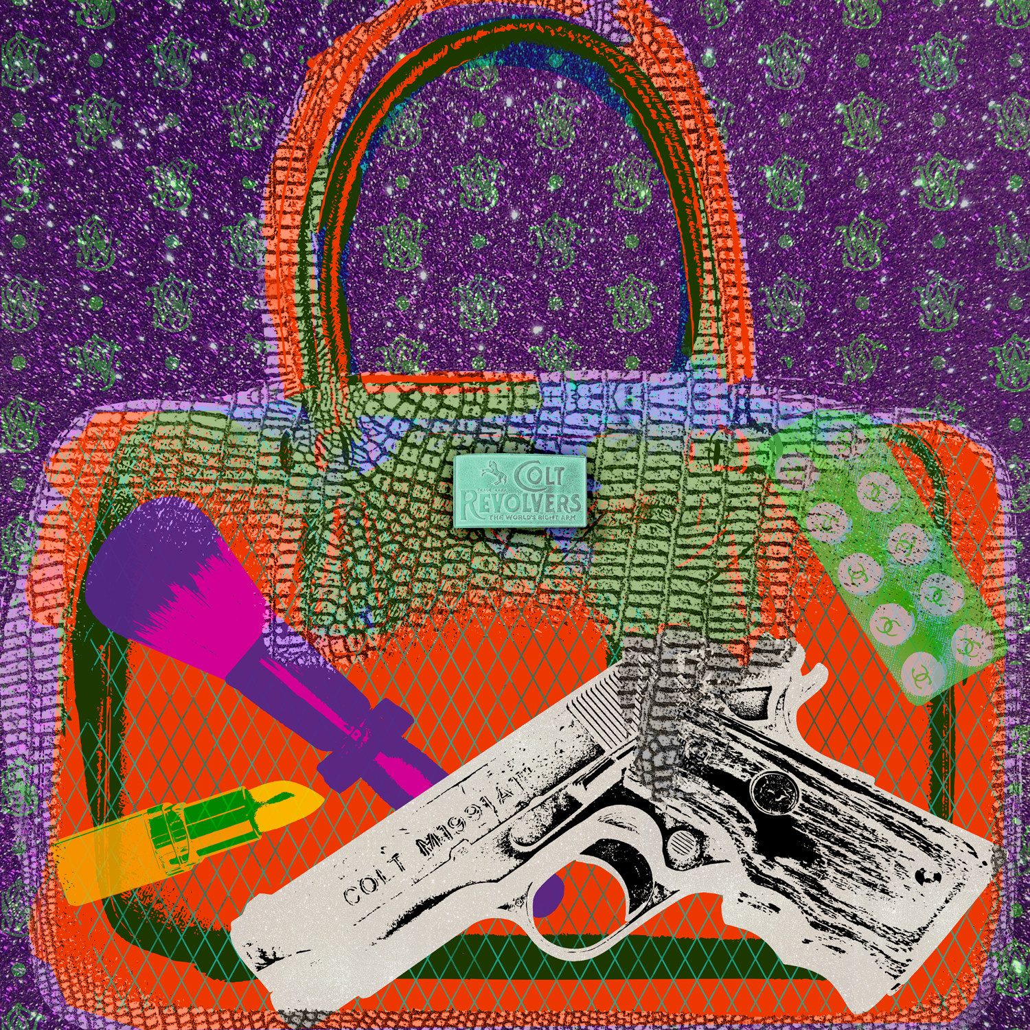 queence Acrylglasbild Tasche, Pistole, Lippenstift, bunt, Tasche, Inkl. rückseitiger, vormontierter Aufhängung