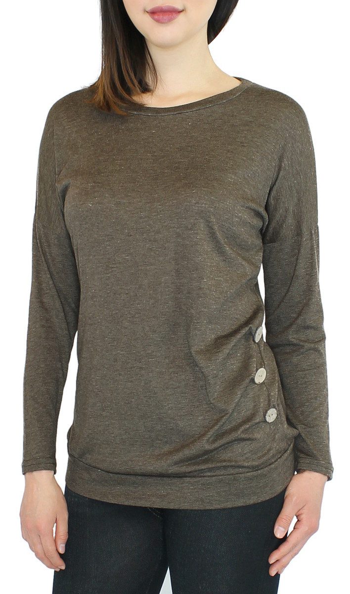 dy_mode Langarmshirt Damen Langarmshirt Rundhals Longshirt mit Knopf-Detail mit Knopf-Detail