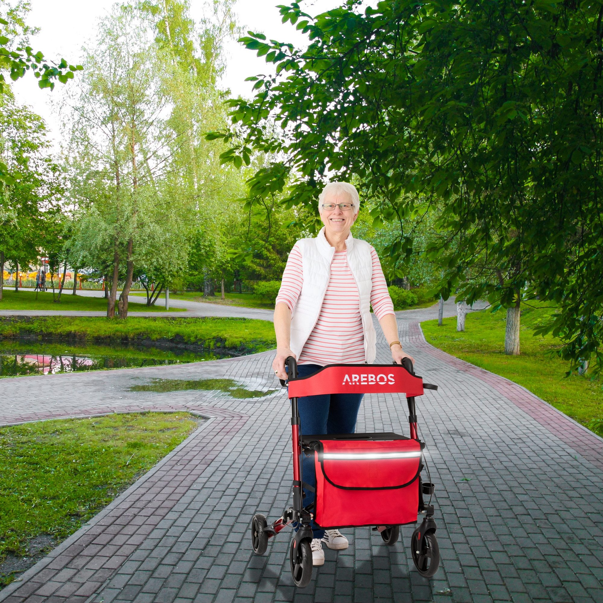 Arebos Rollator Aluminium faltbar 6-fach höhenverstellbar mit Tasche belastbar 136 kg, Ergonomische Griffe – komfortabel für lange Nutzung ohne Ermüdung