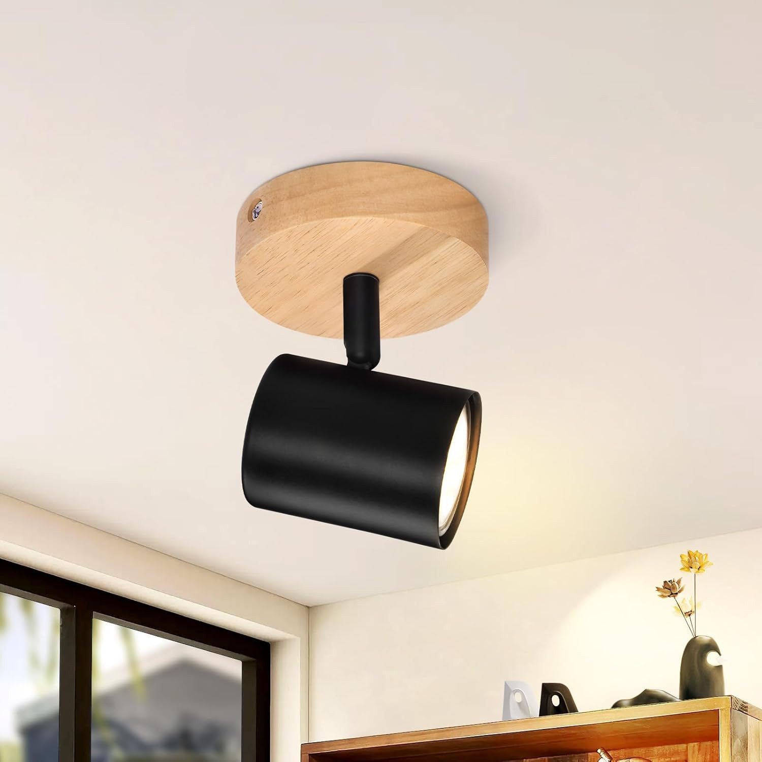 ZMH Deckenstrahler 1 Flammig GU10 Deckenlampe Holz - Deckenleuchte Schwenkbar 350° Flur, Einfache Installation, ohne Leuchtmittel