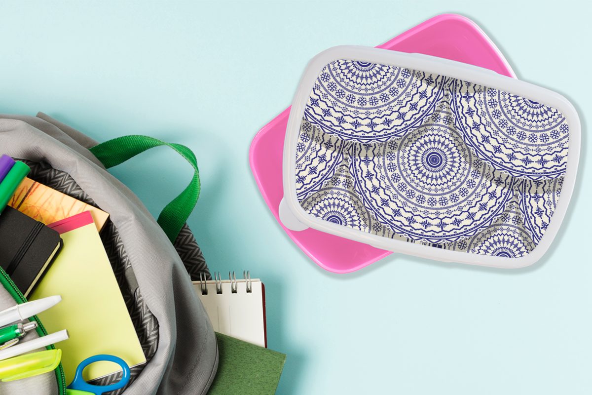 Kunststoff, Blau Lunchbox - - Delfter Kinder, Erwachsene, für rosa Brotbox Muster, Design Kunststoff (2-tlg), Snackbox, MuchoWow Brotdose Mädchen,