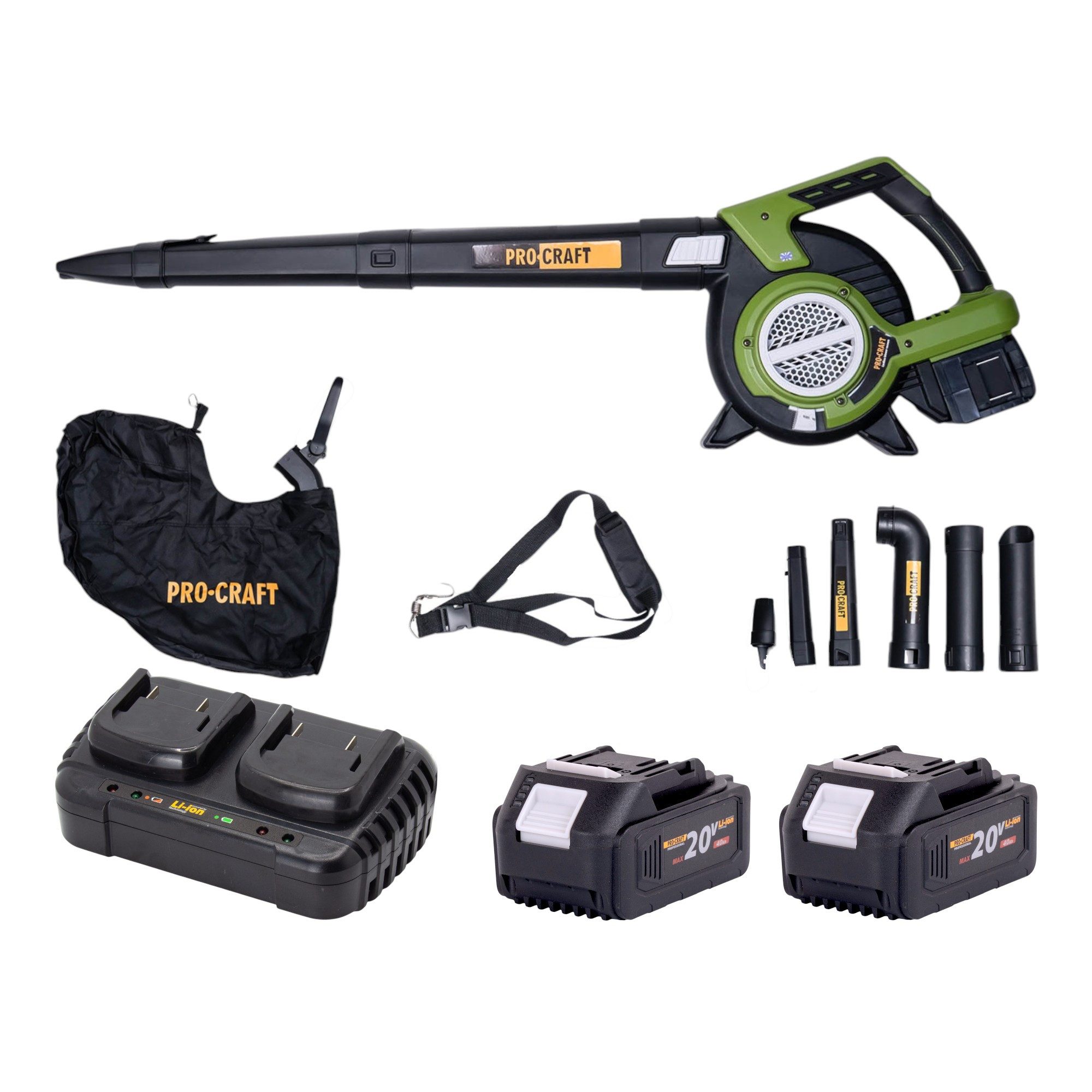 PRO CRAFT Akku-Laubbläser VB20 Akku Laubbläser und Laubsauger 40 V (2x 20 V) Brushless + 2x