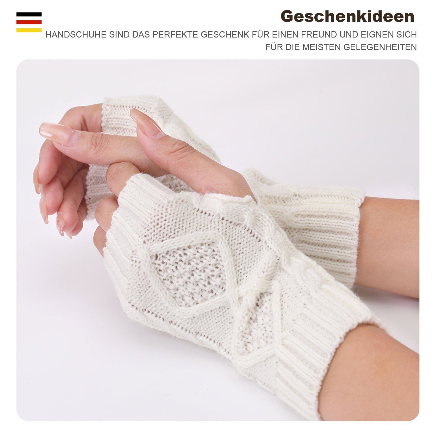 MAGICSHE Strickhandschuhe Wärmer Gestrickte Damen Winter Fingerlose Handschuhe Weiß
