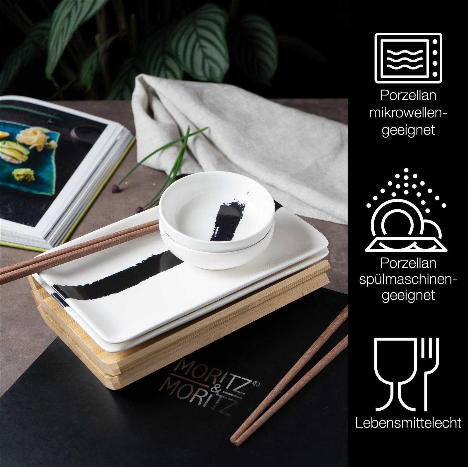 Moritz & Moritz Tafelservice Sushi Set 10tlg Pinselstrich Schwarz (8-tlg), 2 Personen, Geschirrset für 2 Personen