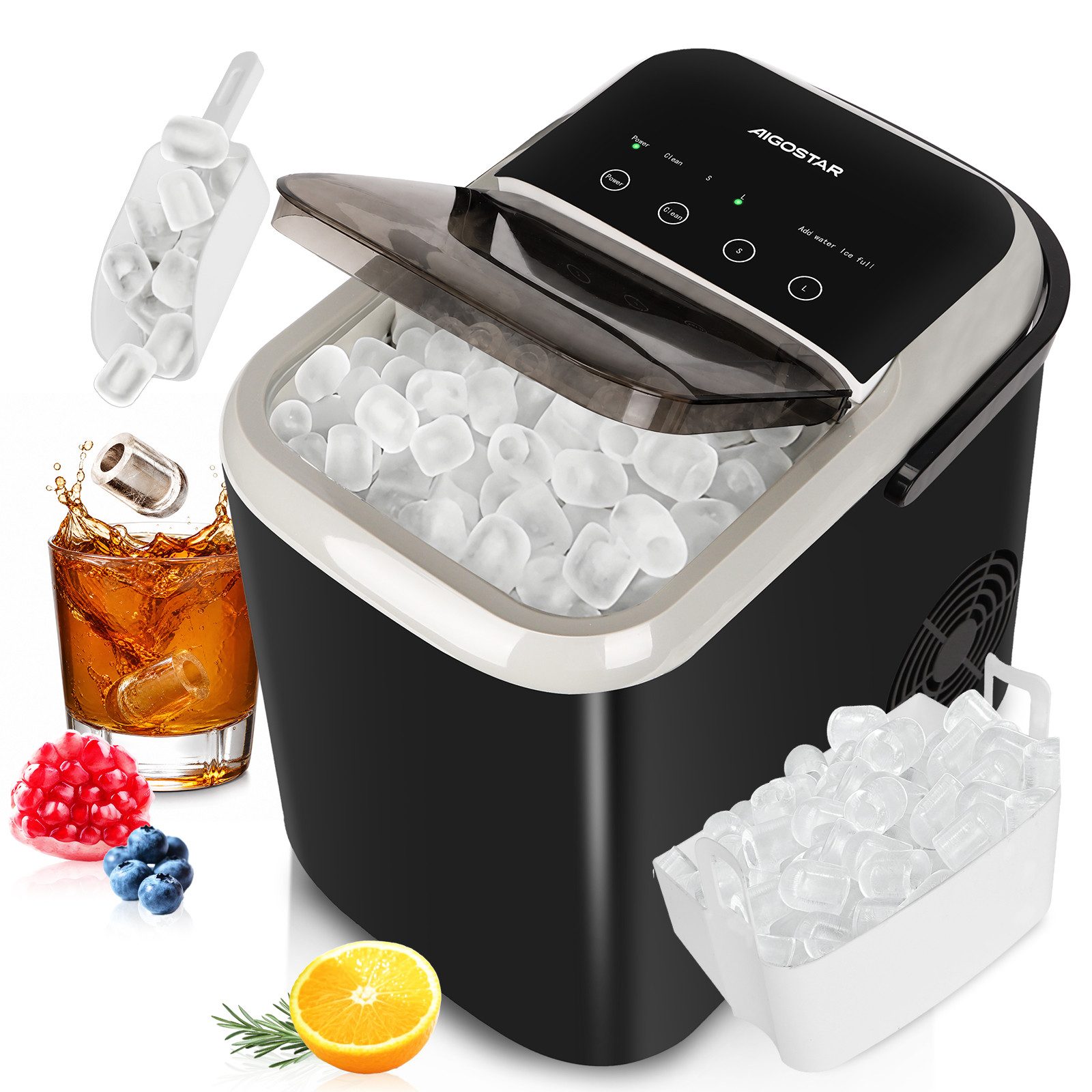 Aigostar Eiswürfelmaschine 1,5L, 130W Doppeldeckel-Design Eiswürfel Maschine, Selbstreinigend, 9 Eiswürfel in 6-10 Mins, 14kg/24h, 2 Eiswürfel Größen