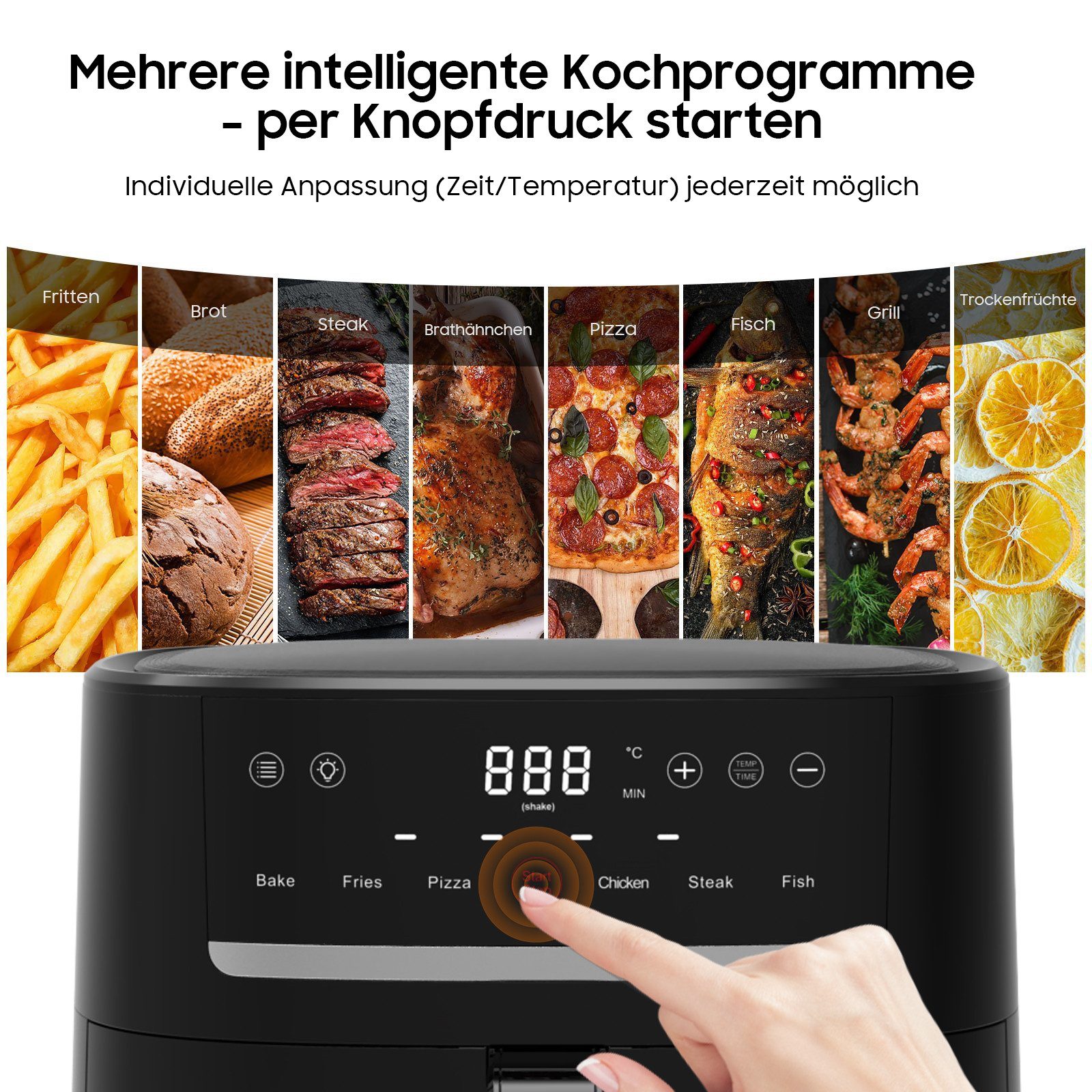 AIMAX Heißluftfritteuse 9L Airfryer xxl, Heissluftfritteuse mit Sichtfenster & Shake-Reminder, 1800 W, Display, 9L, Einstellbare Zeit-/Temperatursteuerung, Sichtfenster