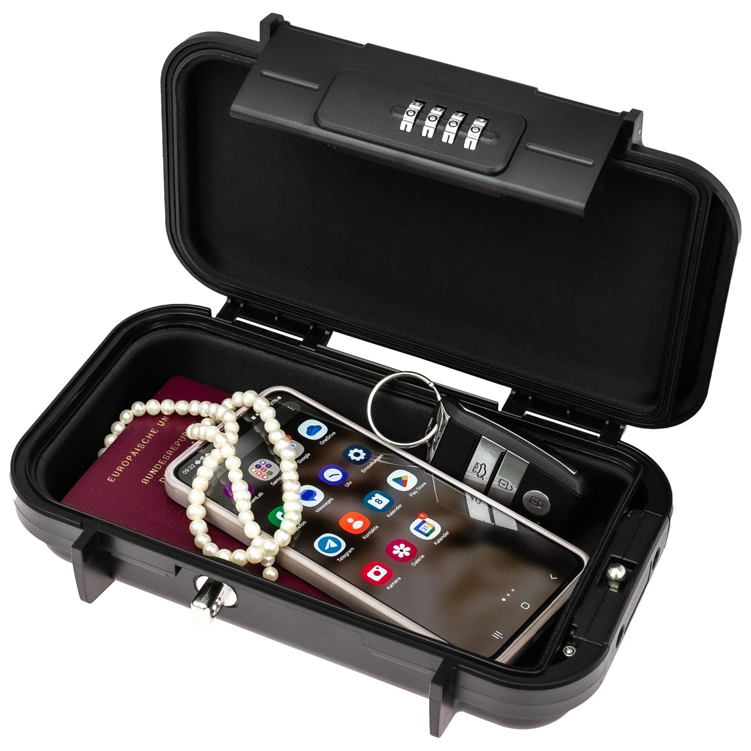 HMF Tresor Tragbarer Safe mit Zahlenschloss, wasserdichter Mini Tresor mit Drahtseil 23,5 x 14,5 x 5,8 cm, schwarz