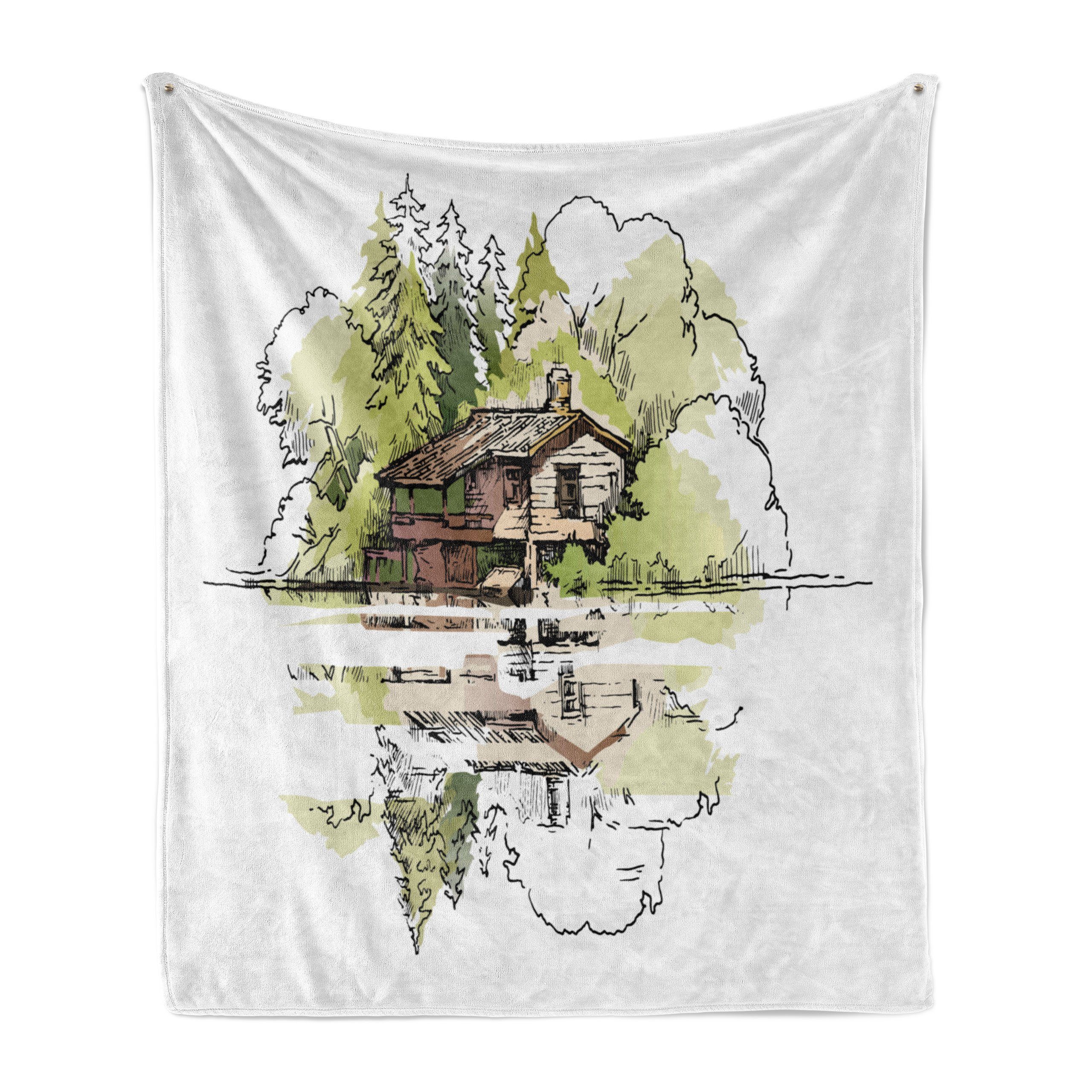 Wohndecke Gemütlicher Plüsch für den Innen- und Außenbereich, Abakuhaus, Landschaft See Haus im Wald