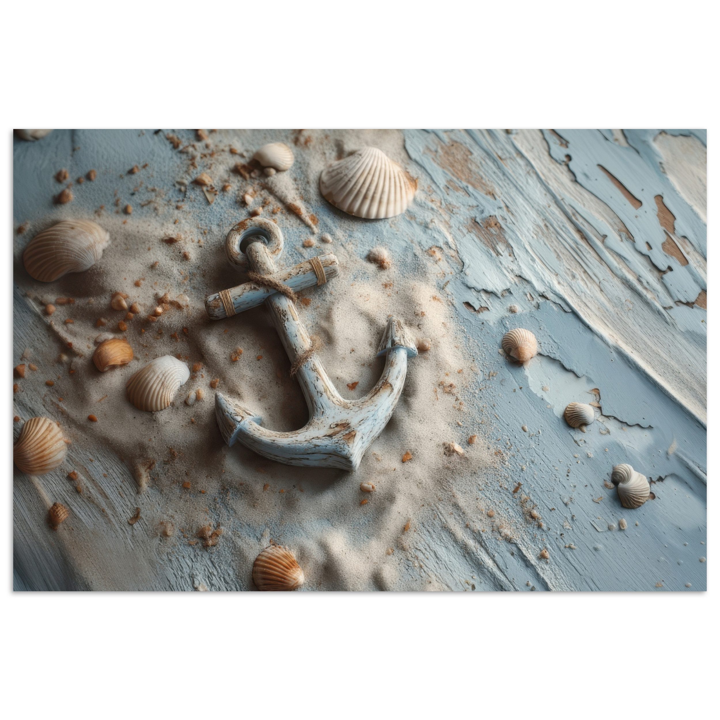 MuchoWow Poster Anker - Holz - Muscheln - Sand, (1 St), Poster ohne Rahmen, Wandbild, Wandposter, 30x20 cm