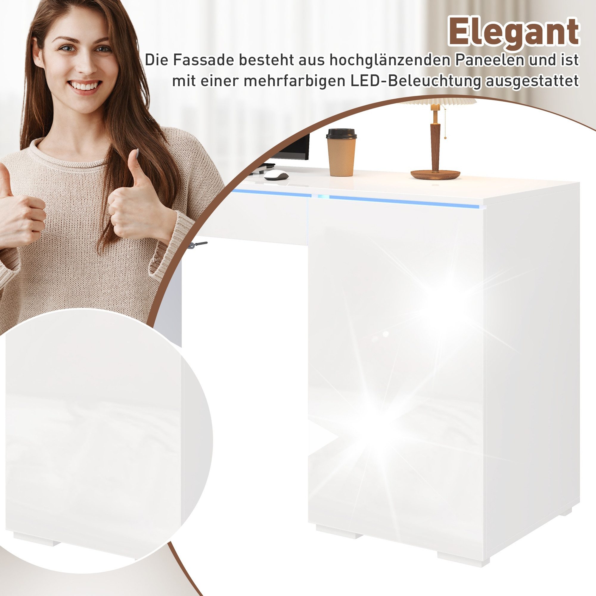 BlingBin Schreibtisch Computertisch mit Hochglanz-Arbeitsfläche,integrierter LED-Beleuchtung (1er Set, 1-St., 140×50×78 cm), Stauraum mit 1 Schublade und 2 Türen für Homeoffice & Schlafzimmer