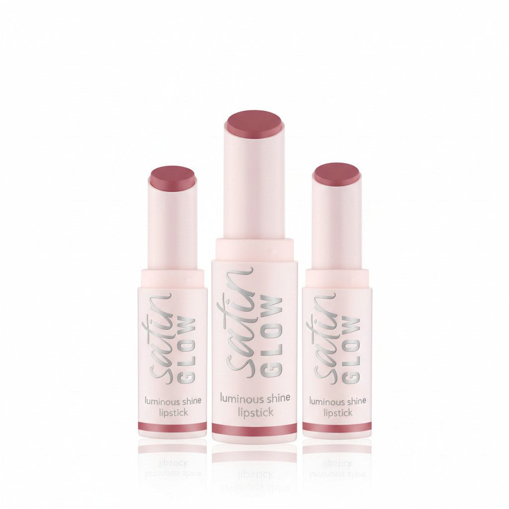 Essence Lippenstift SATIN GLOW LUMINOUS SHINE LIPSTICK, 3-tlg., Satin-Finish, langanhaltend, Farbintensiv, hohe Deckkraft