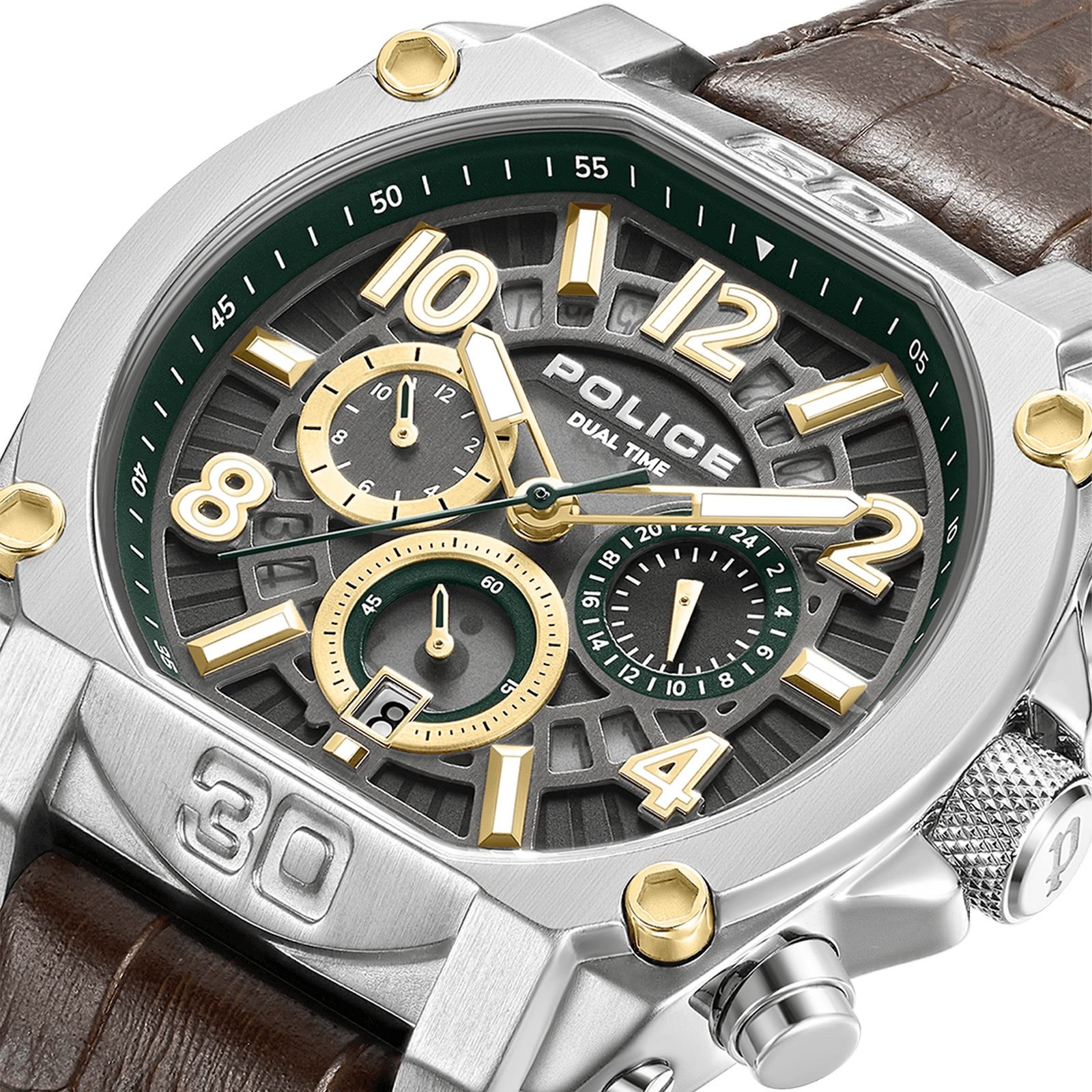 Police Multifunktionsuhr Police Herrenuhr Leder braun, (Multifunktionsuhr), Herrenuhr rund, extra groß (ca. 45x51,5mm) Lederarmband, Elegant-Style