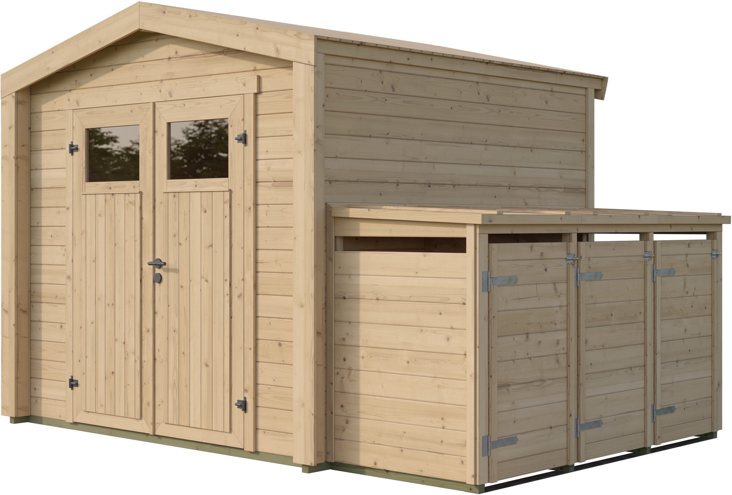 weka Gartenhaus Killarney, BxT: 337x248 cm, Doppeltür, mit 3er Mülltonnenbox