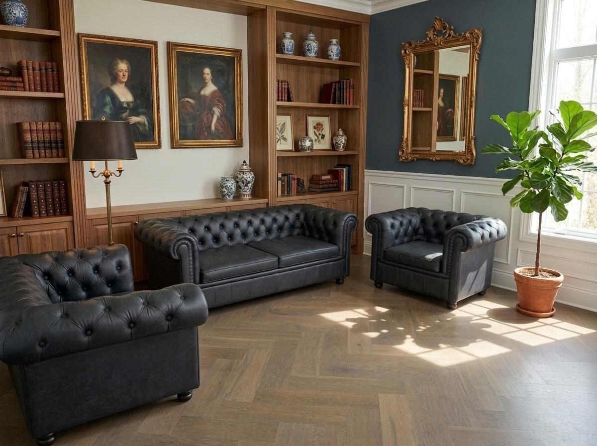 Xlmoebel Chesterfield-Sofa Elegantes Chesterfield Sofaset 3-Sitzer und 2 Sessel in Schwarz, 3 Teile, Chesterfield-Design, hohe Rückenlehne, gepolsterte Armlehnen