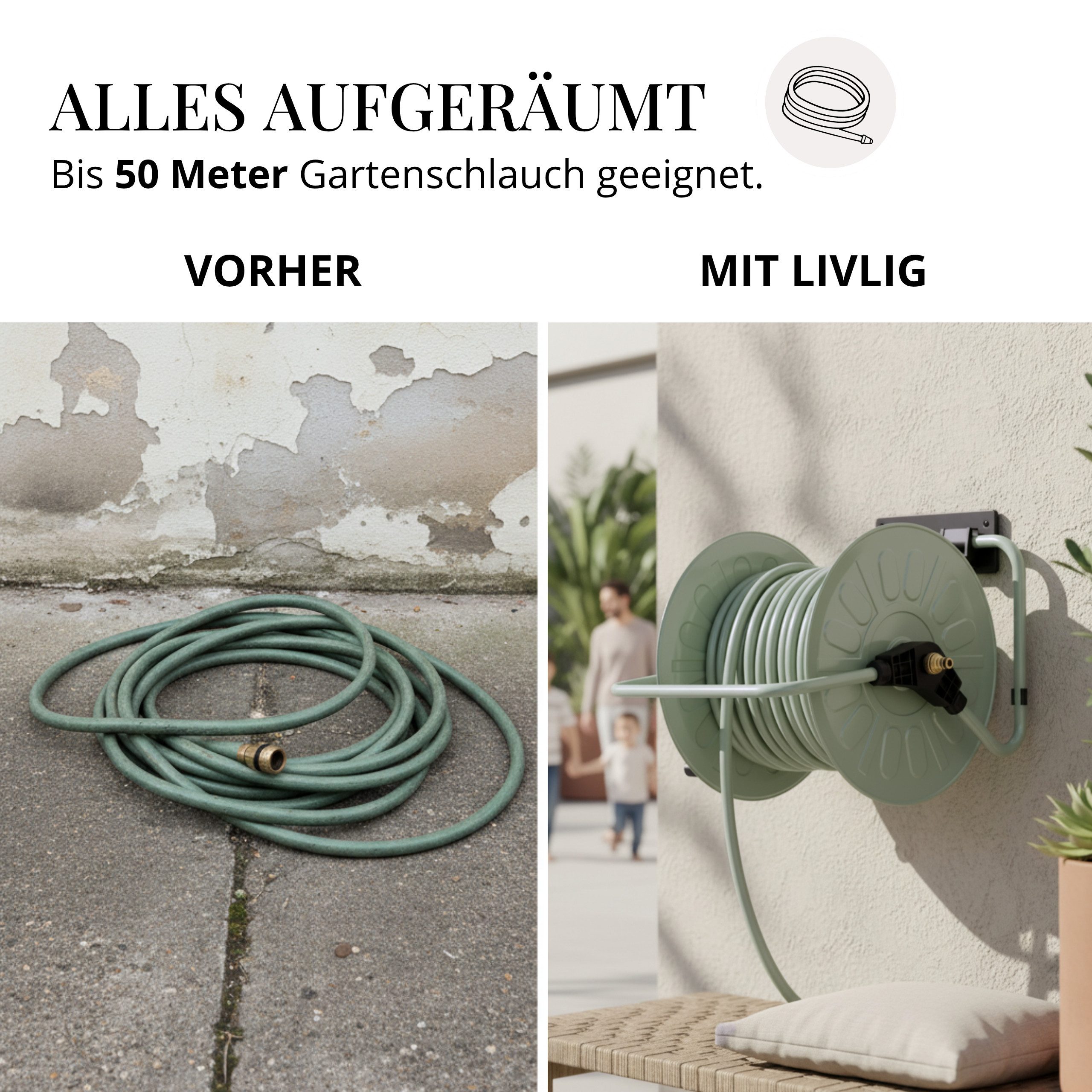 LIVLIG Schlauchtrommel Metall für bis zu 50m Schlauch, Schlauchaufbewahrung, Schlauchhalter, (Schlauchtrommel inkl. Wandhalterung), Wandmontage oder Bodenplatzierung, bei Nutzung flexibel platzierbar