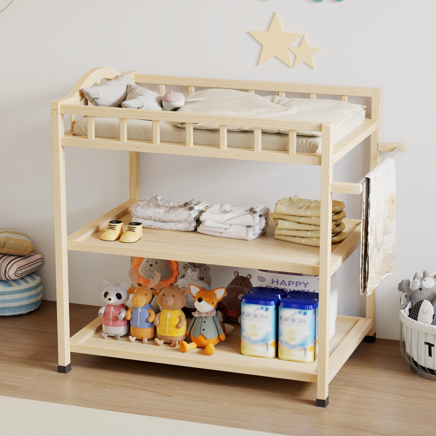 HOMSEE Wickelkommode Wickeltisch & Wickelstation – Wickel- & Waschtisch aus unlackiertem, Multifunktionales Wickelregal mit großem Stauraum für Baby-Pflege