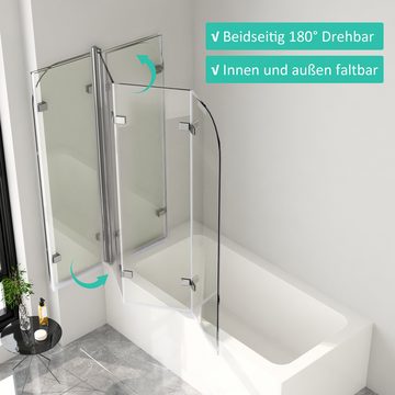 Hopibath Duschwand für Badewanne 3 teilig faltbar 140 x 140 130x140 120x140, 6mm beidseitig NANO Glas, (Badewannenaufsatz, Klarglas), 180 Grad nach innen/außen, Verstellber Aluprofile